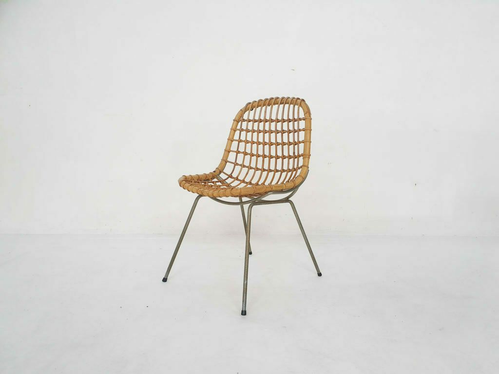 Vintage Rotan En Metalen Eetkamerstoel