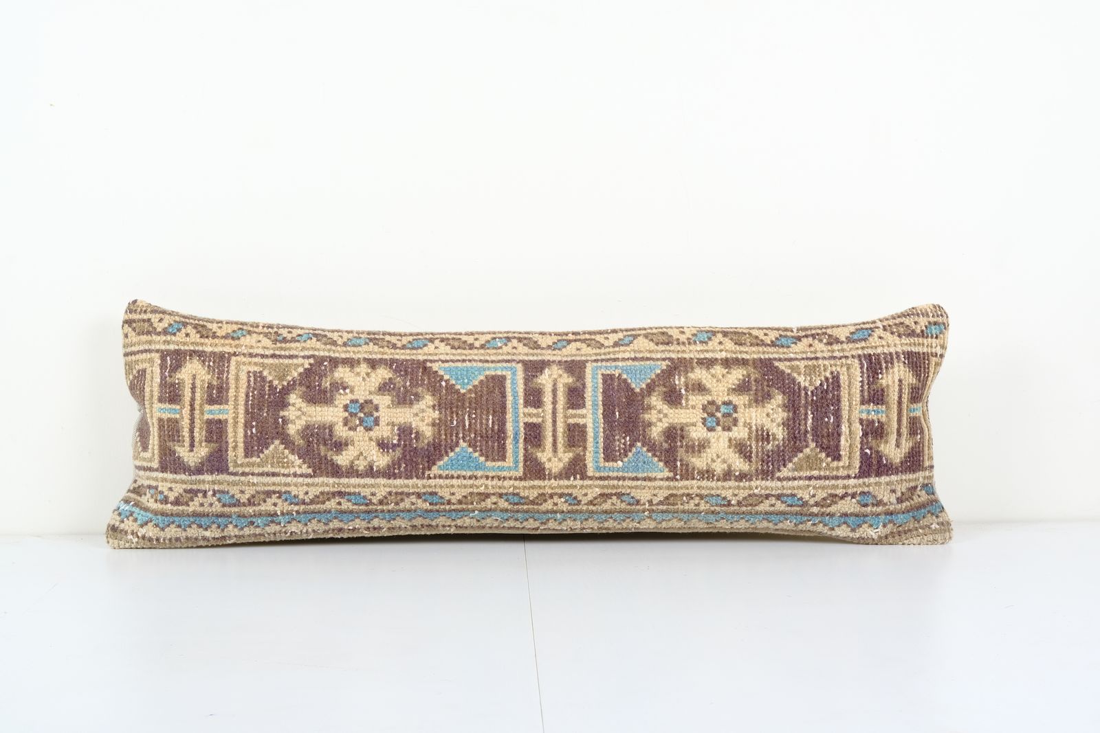 Muted Blue Carpet  Bedding Pillow, Faded Ethnic Turkish Long Yastik Pillow   Designer 11'' X 35''