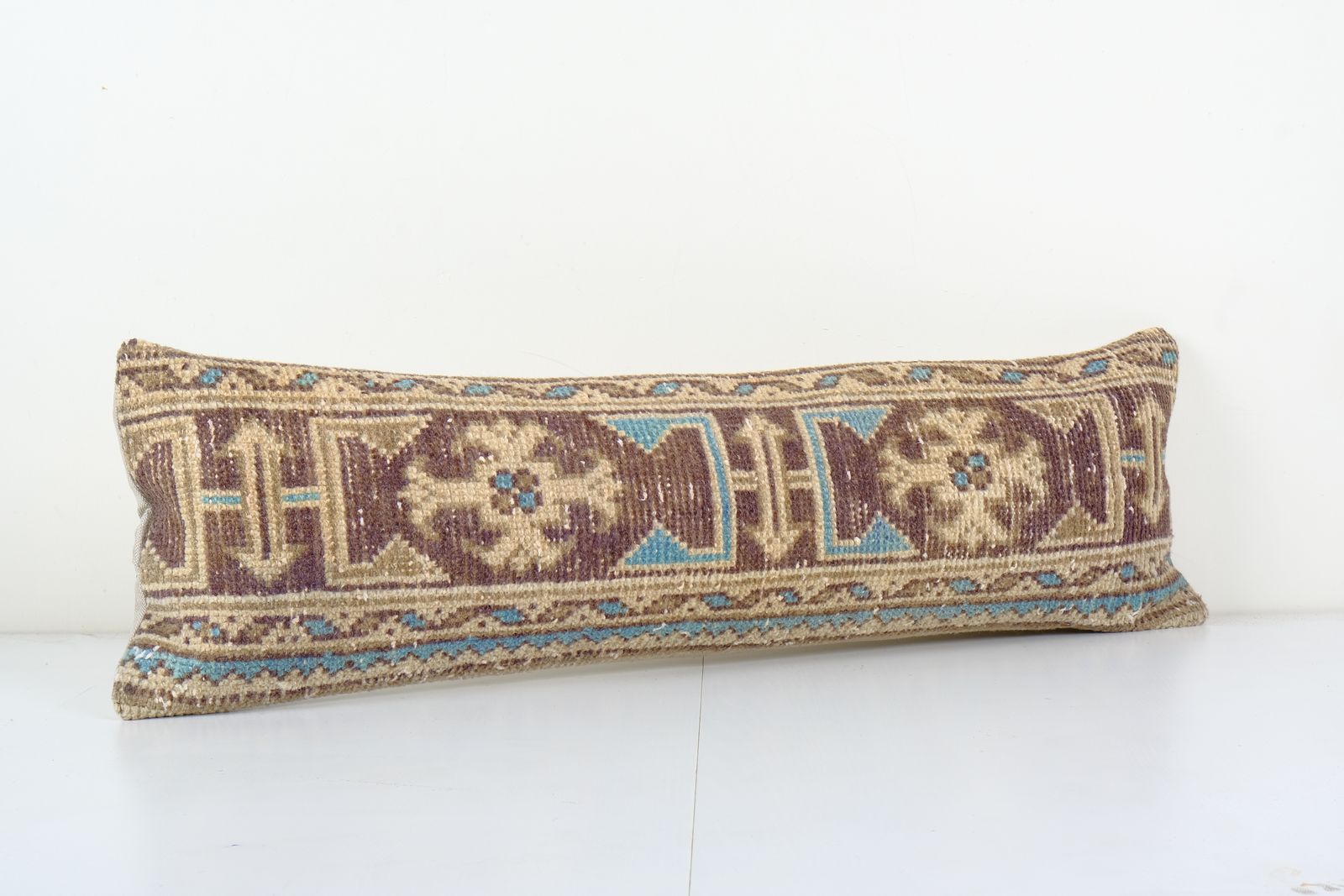 Muted Blue Carpet  Bedding Pillow, Faded Ethnic Turkish Long Yastik Pillow   Designer 11'' X 35'' photo furniture
