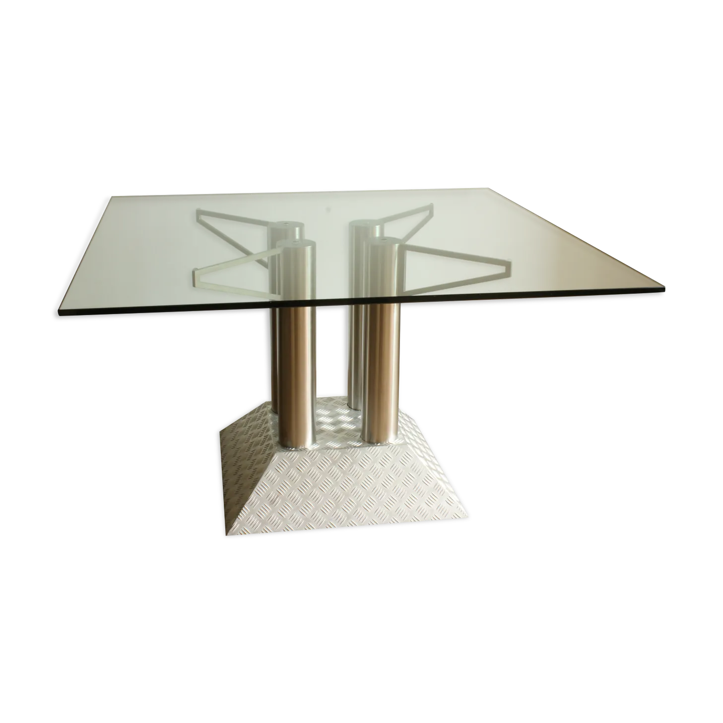 Industrial Steel Tube And Diamond Chequer Plate Table With A Glass Top, 1990s