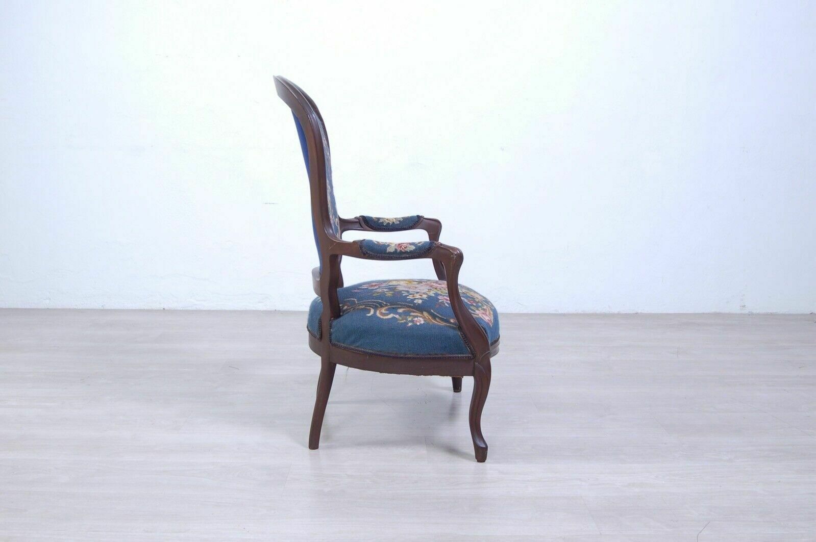 Chair With Armrests Antique Armchair In Carved Wood With Floral Fabric photo for sale