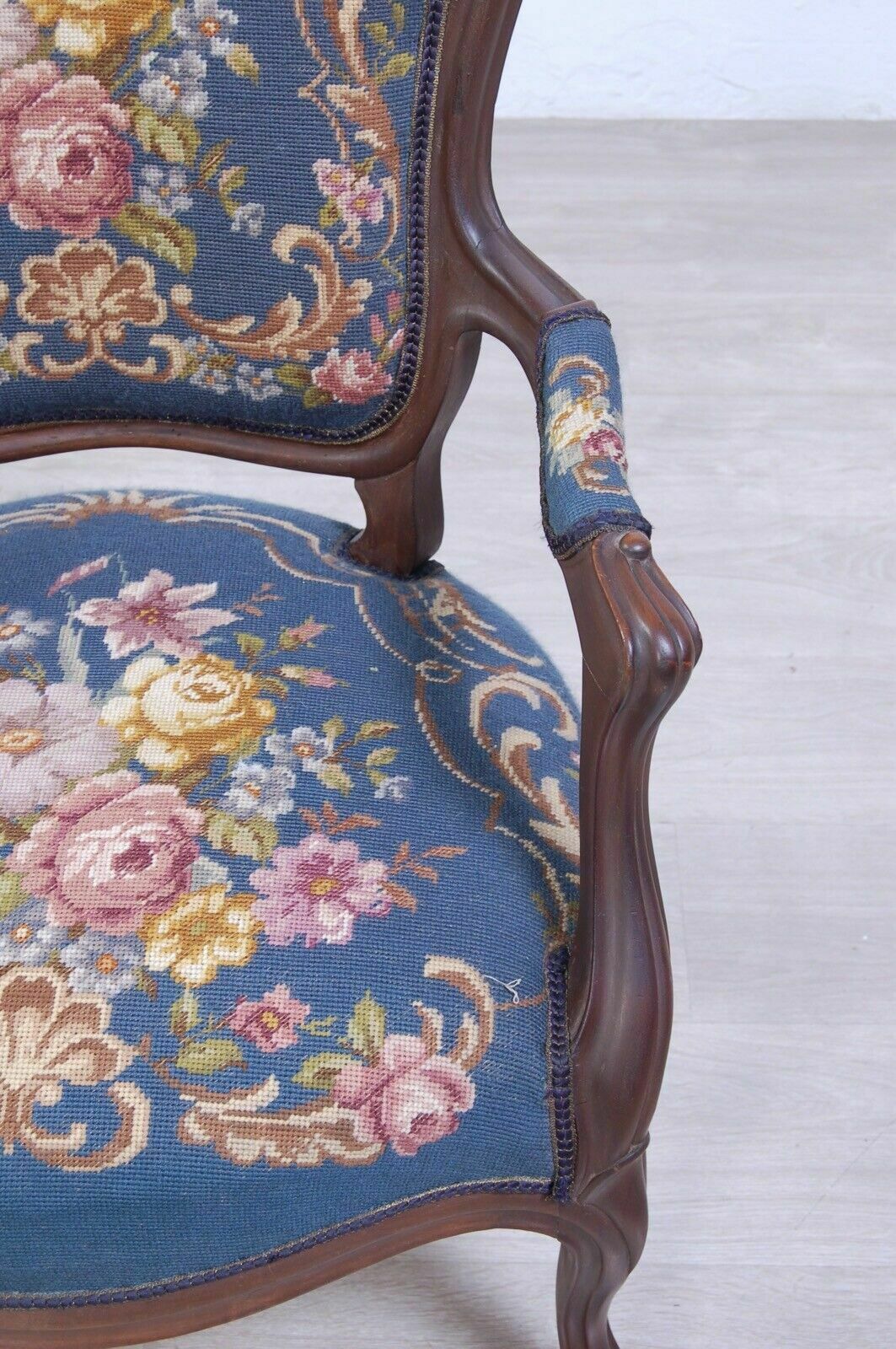 Chair With Armrests Antique Armchair In Carved Wood With Floral Fabric photo vintage