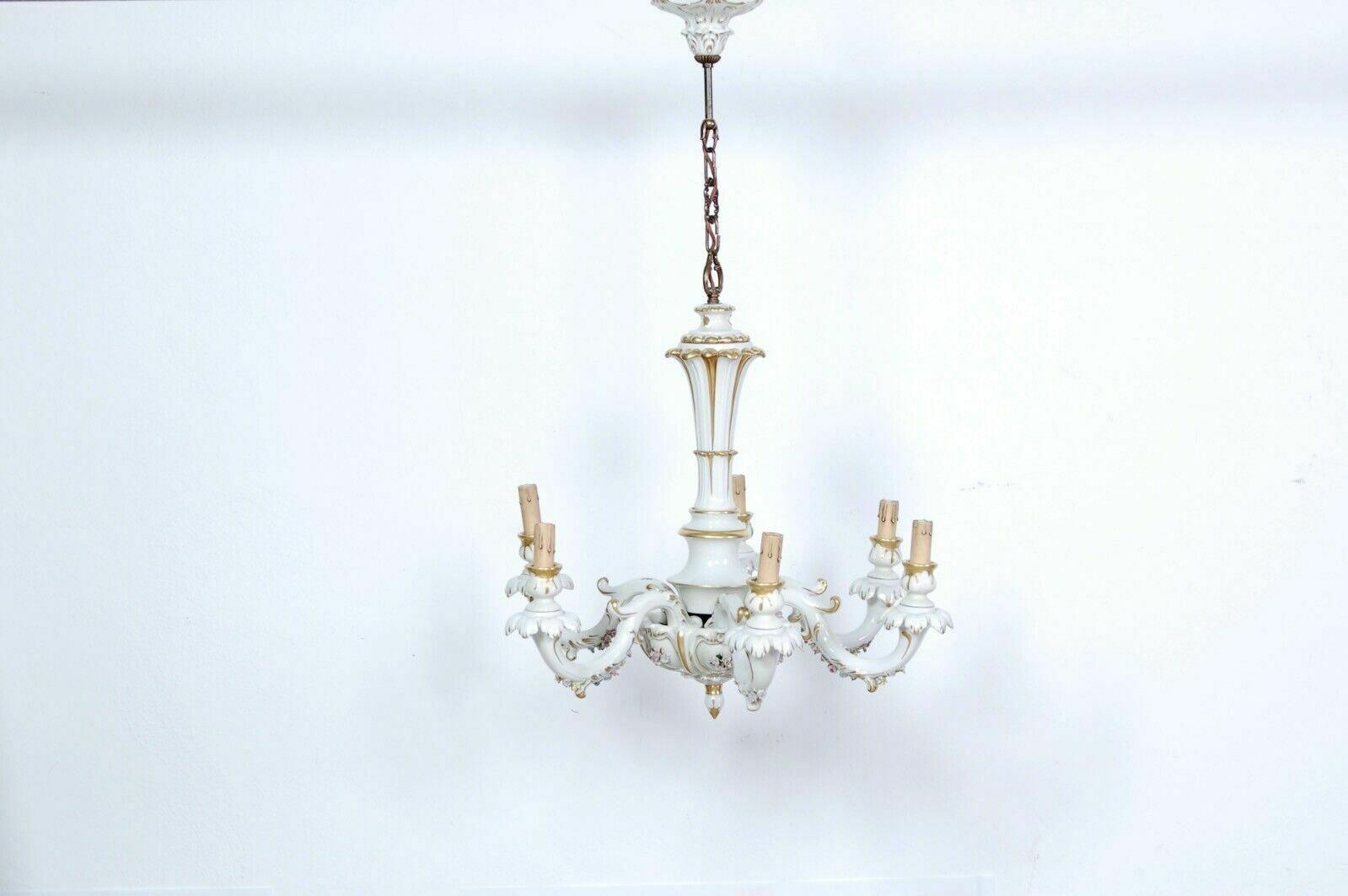 Capodimonte Chandelier 6 Lights Grandmother's Lamp Ceramic Arms Flowers