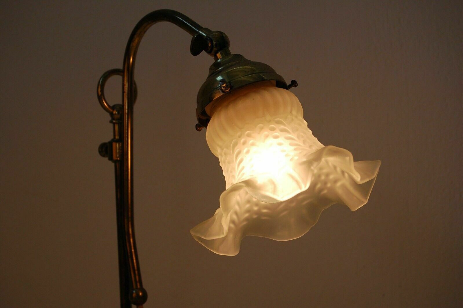 photo for sale Vintage Table Lamp Abat Jour In Brass With Opal Glass Flower Shade
