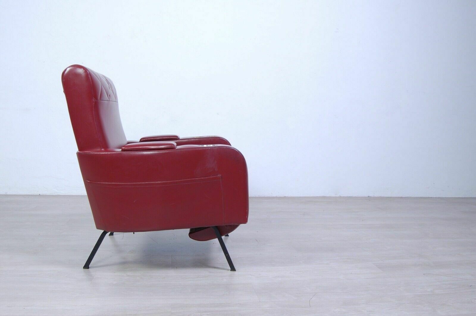 Vintage Reclining Armchair In Burgundy Leather, 1960s Design, Storage Compartment photo Furniture