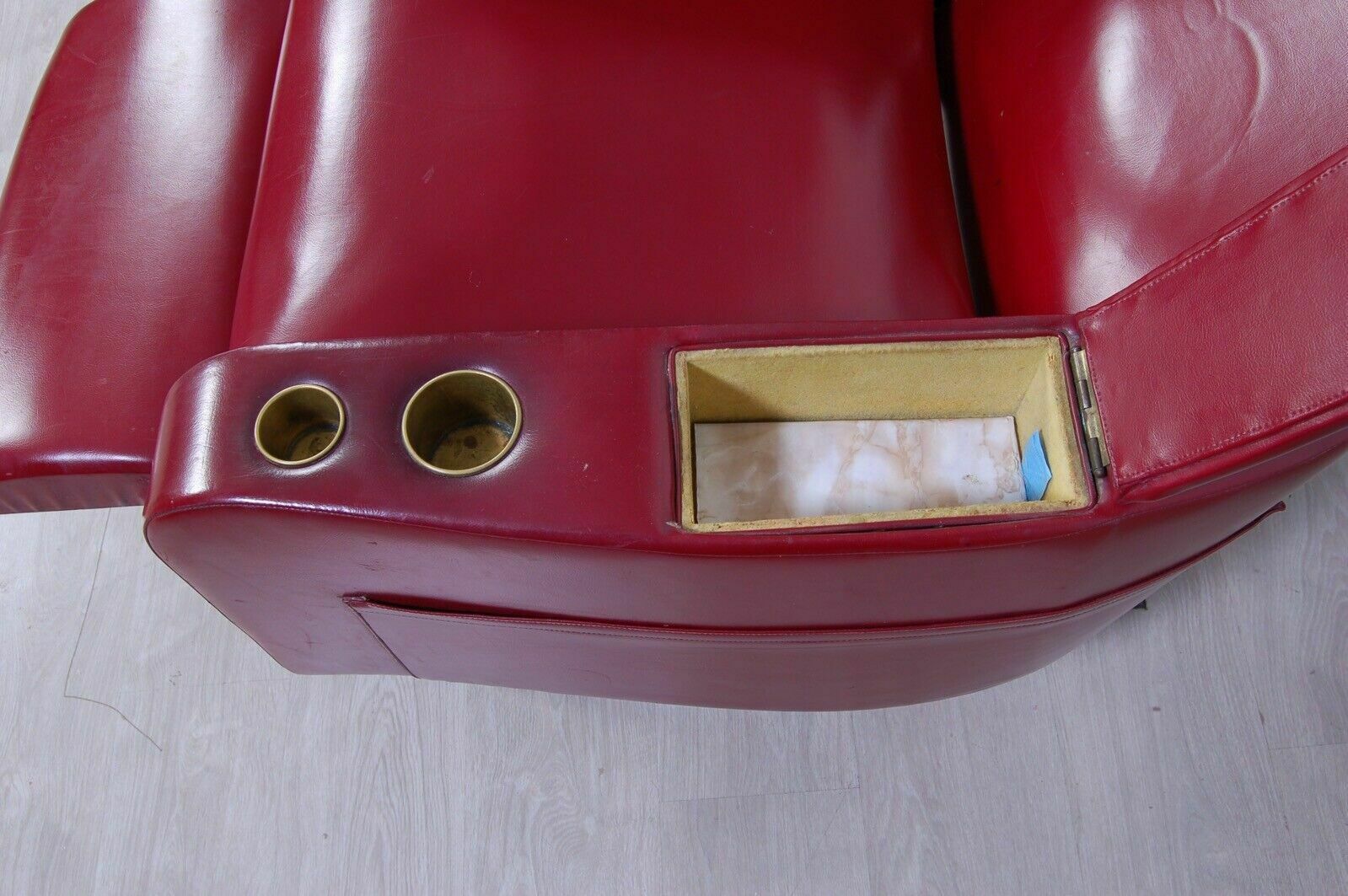 Vintage Reclining Armchair In Burgundy Leather, 1960s Design, Storage Compartment photo vintage