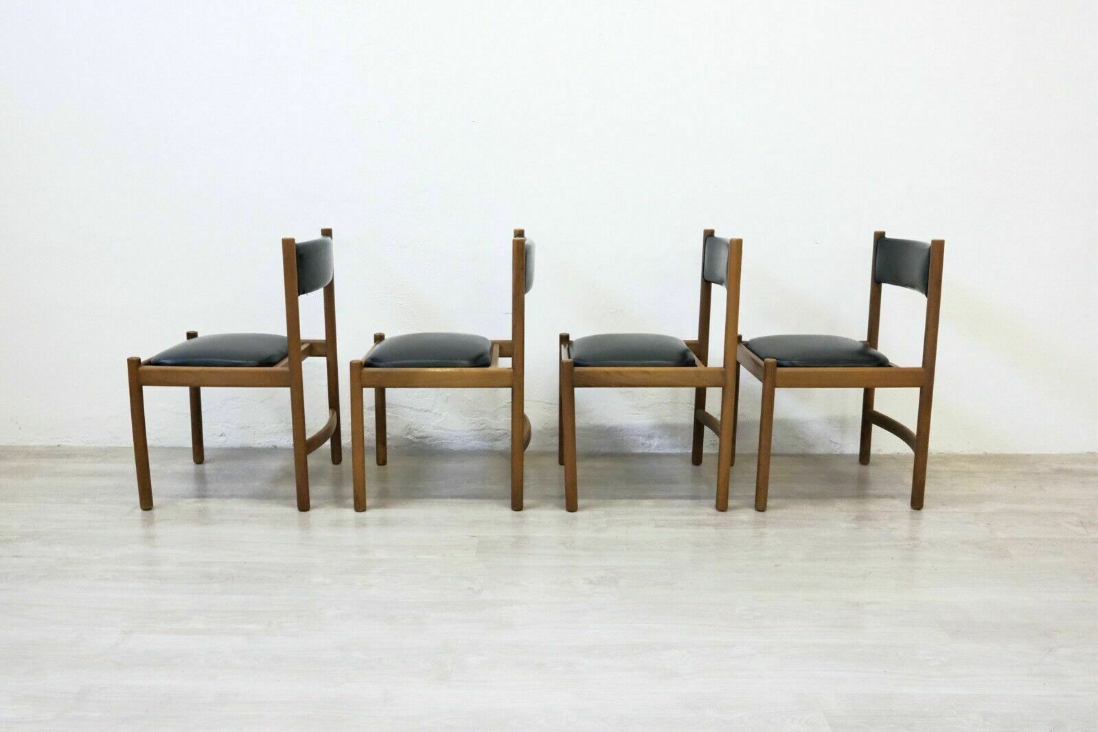 Set Of 4 Isa Bergamo Design Chairs In Wood And Black Leather. Italian Manufacture. 1960s photo vintage