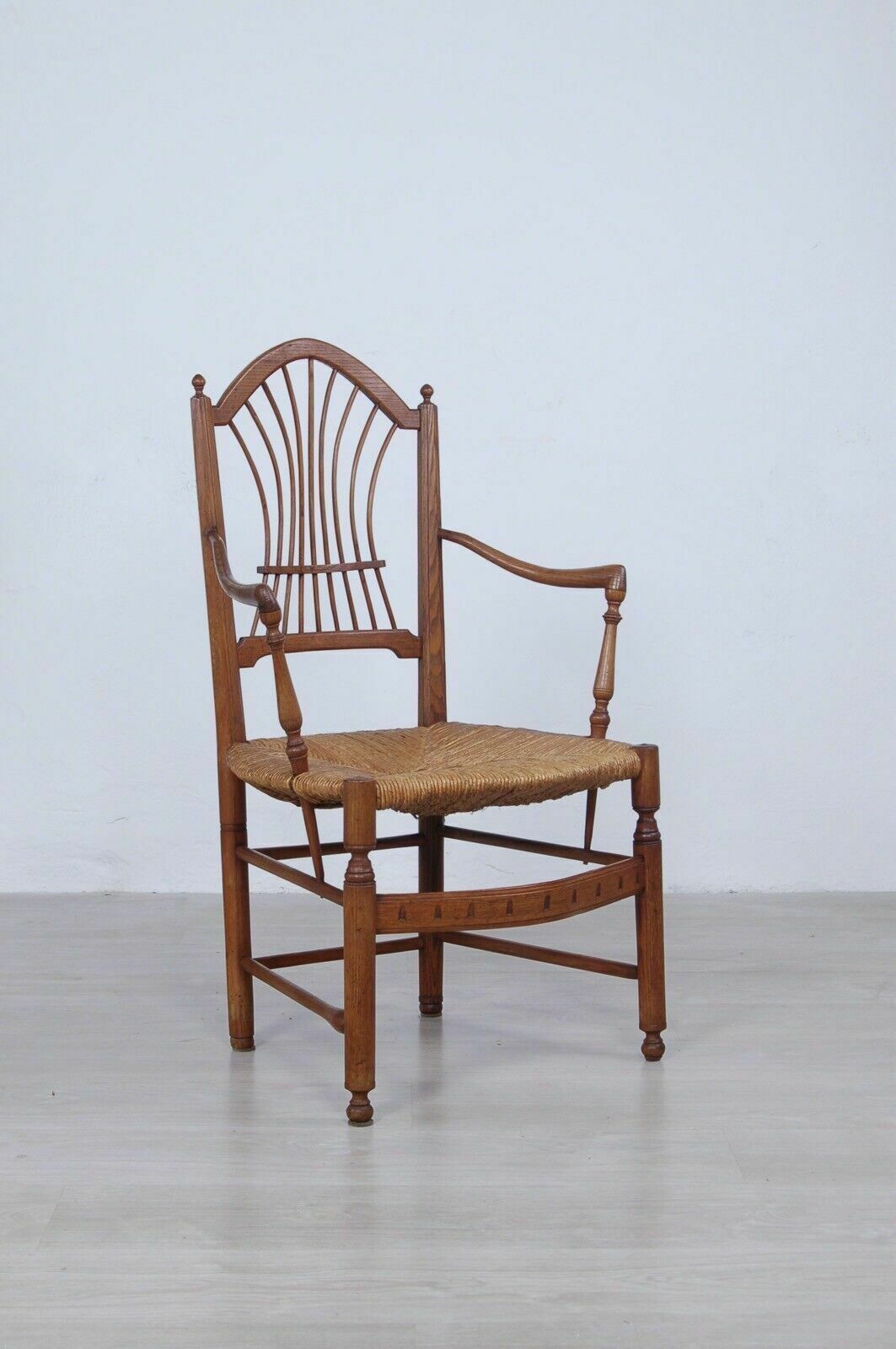 Antique Provençal Chair In Worked Oak, Straw Seat From The End Of The 19th Century, Armrests