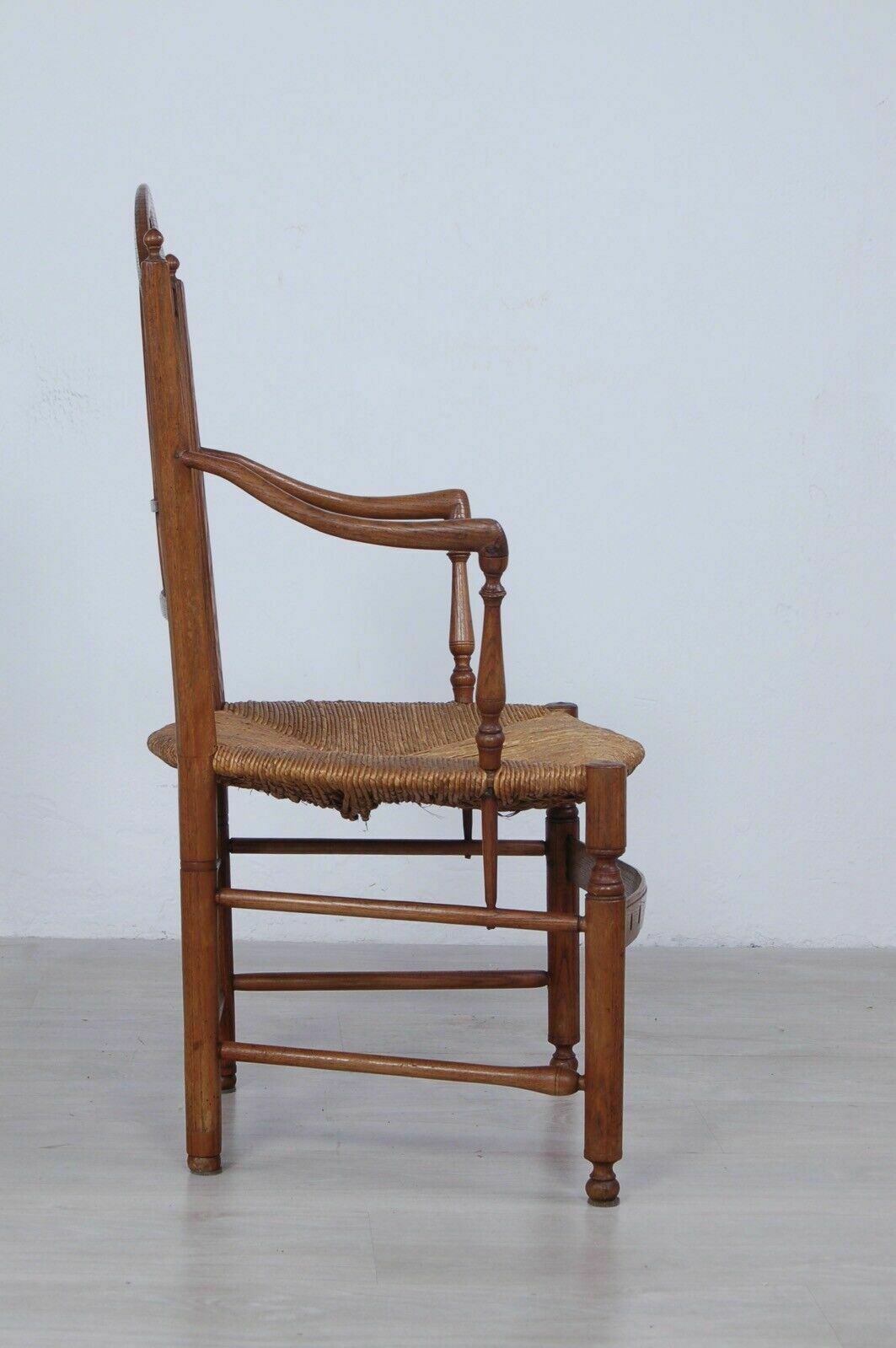 Antique Provençal Chair In Worked Oak, Straw Seat From The End Of The 19th Century, Armrests photo vinterior