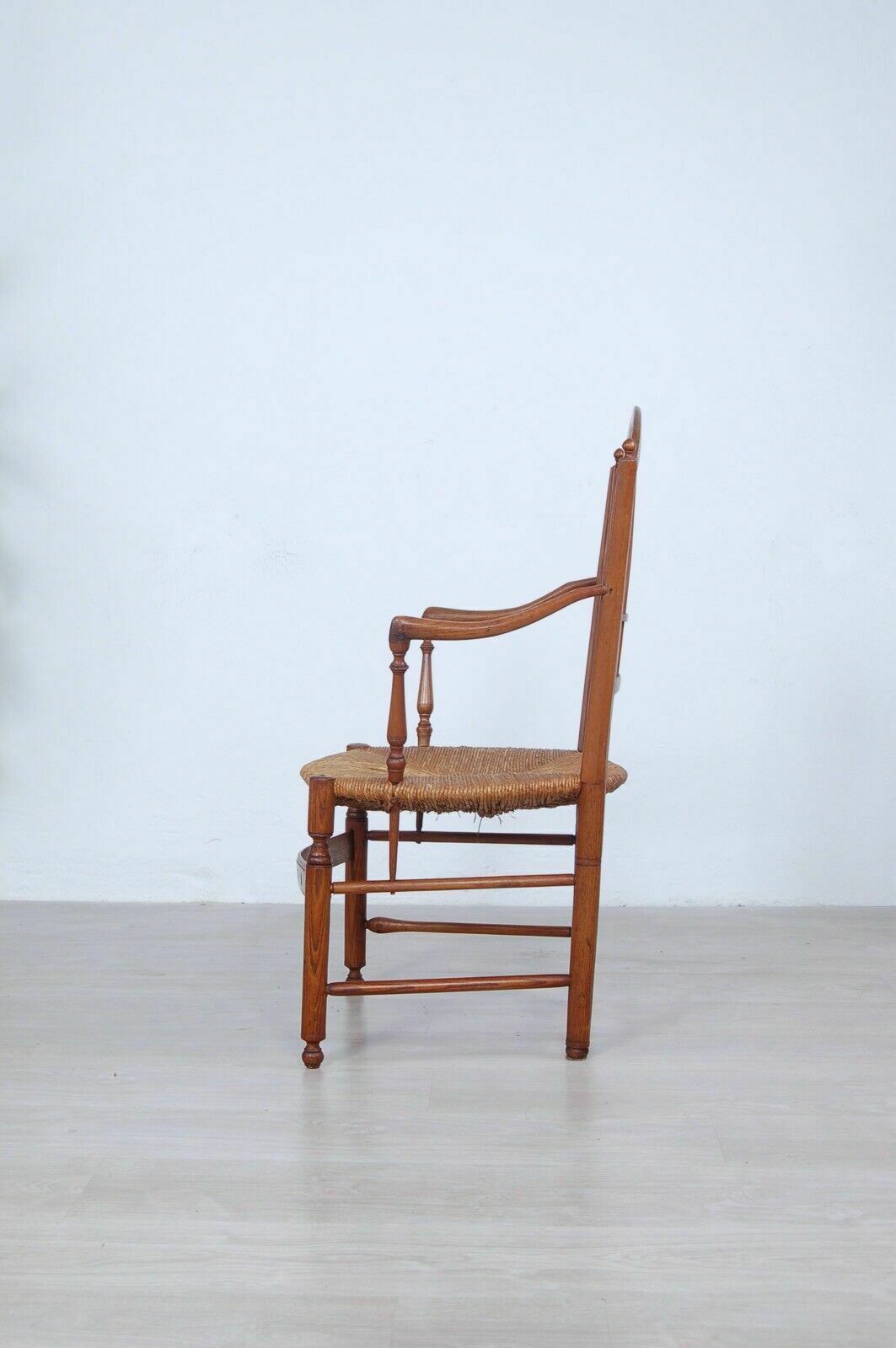 photo for sale Antique Provençal Chair In Worked Oak, Straw Seat From The End Of The 19th Century, Armrests