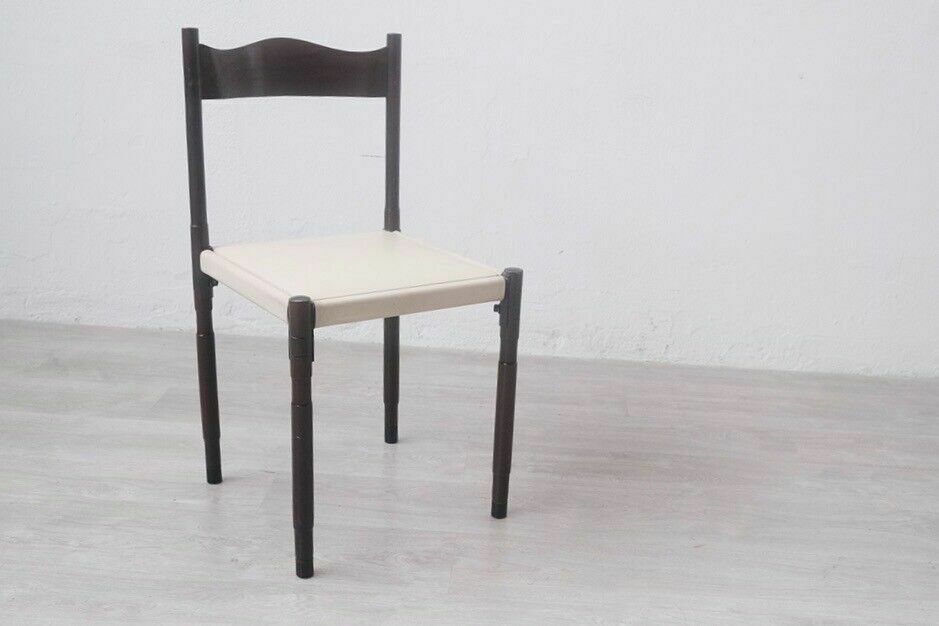 Vintage Design Wooden Chair From The 50s And 60s With Cream Skai Seat