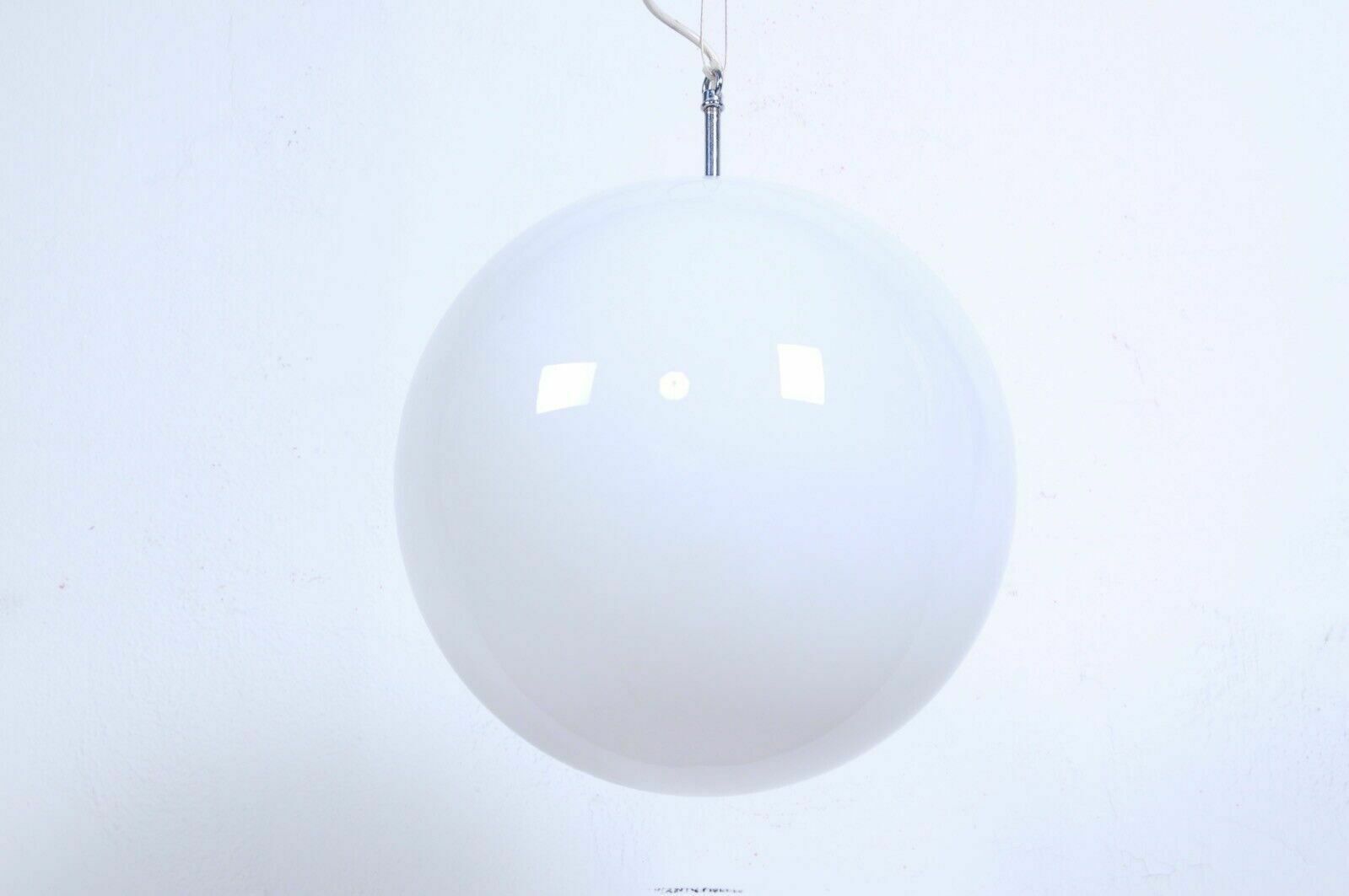 Design Chandelier From The 80s, Glossy White Milky Glass Sphere H Adjustable Vintage photo for sale