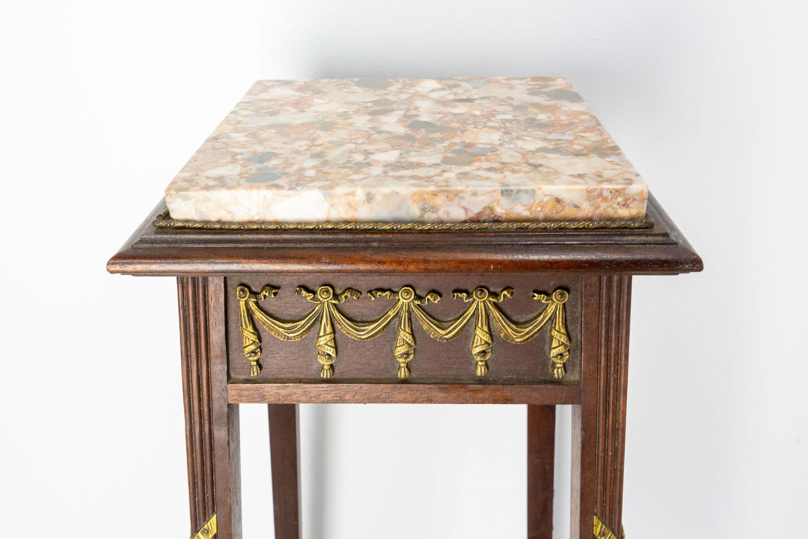 French 1900 Iroko, Marble & Brass Sellette Or Plant Holder Louis XVI St, C 1900 photo vinterior