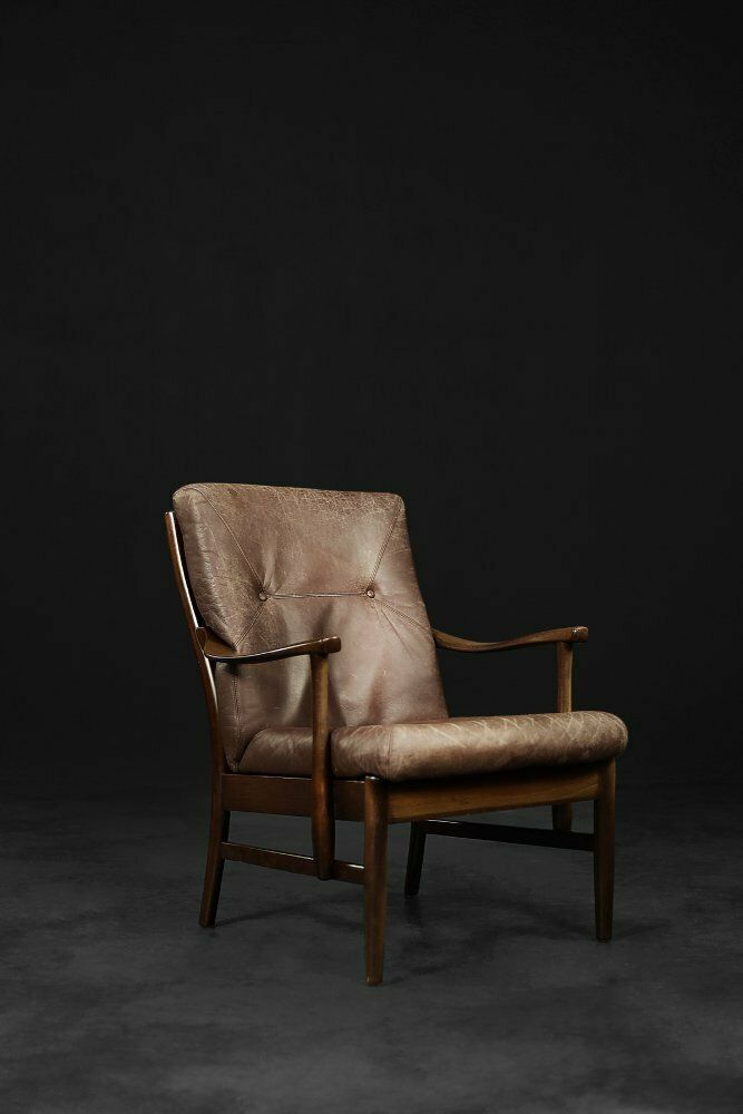Mid Century Danish Modern Beech & Brown Leather Armchair From Farstrup Møbler, 1970s