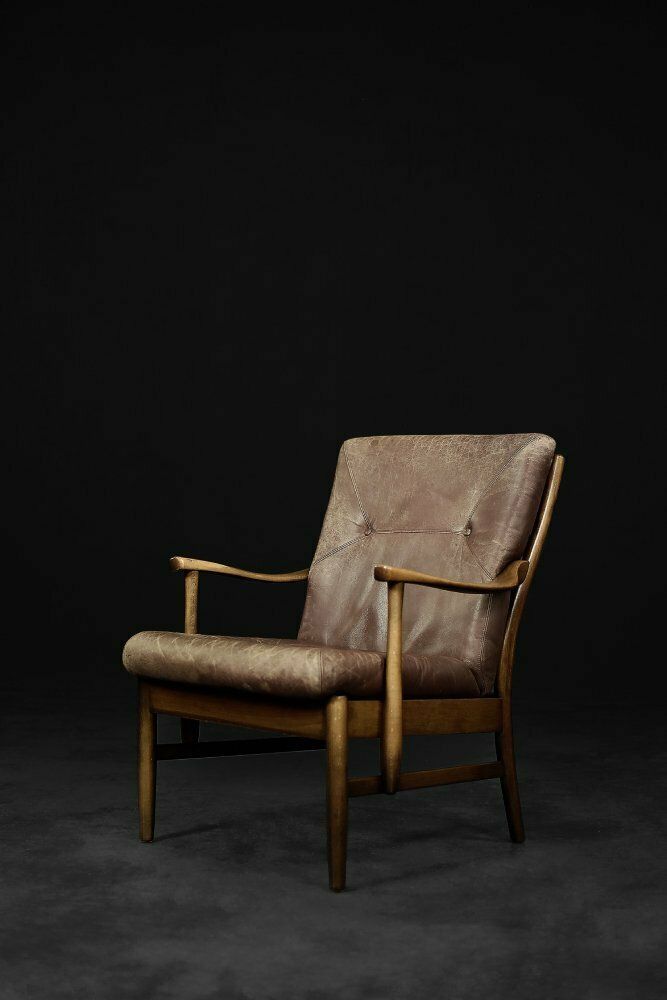 Mid Century Danish Modern Beech & Brown Leather Armchair From Farstrup Møbler, 1970s photo vinterior