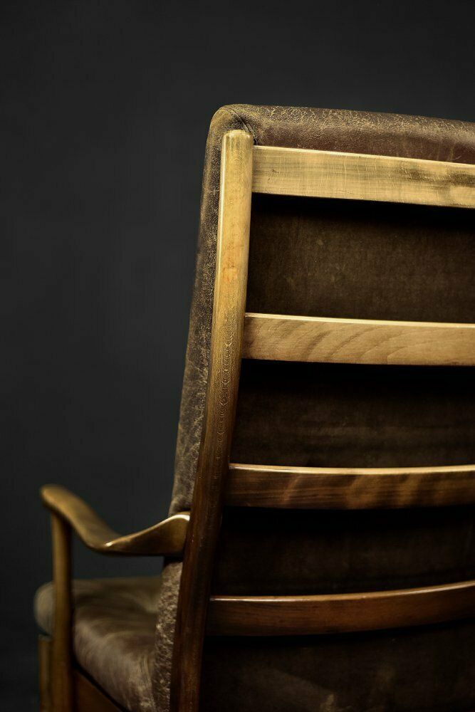 photo buy Mid Century Danish Modern Beech & Brown Leather High Armchair From Farstrup Møbler, 1970s
