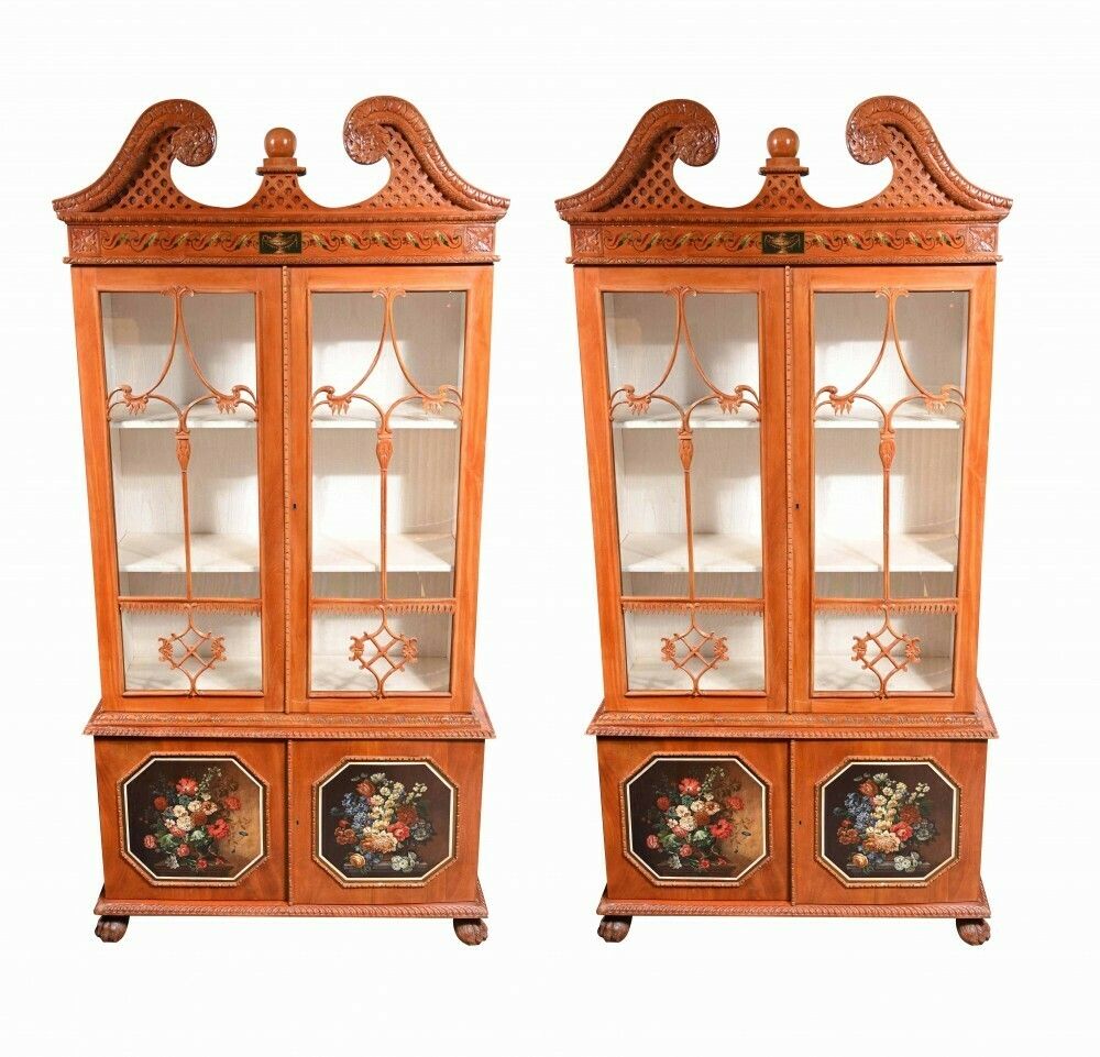 Pair Antique Display Cabinets  Chippendale Glass Fronted Bookcases Satinwood photo furniture