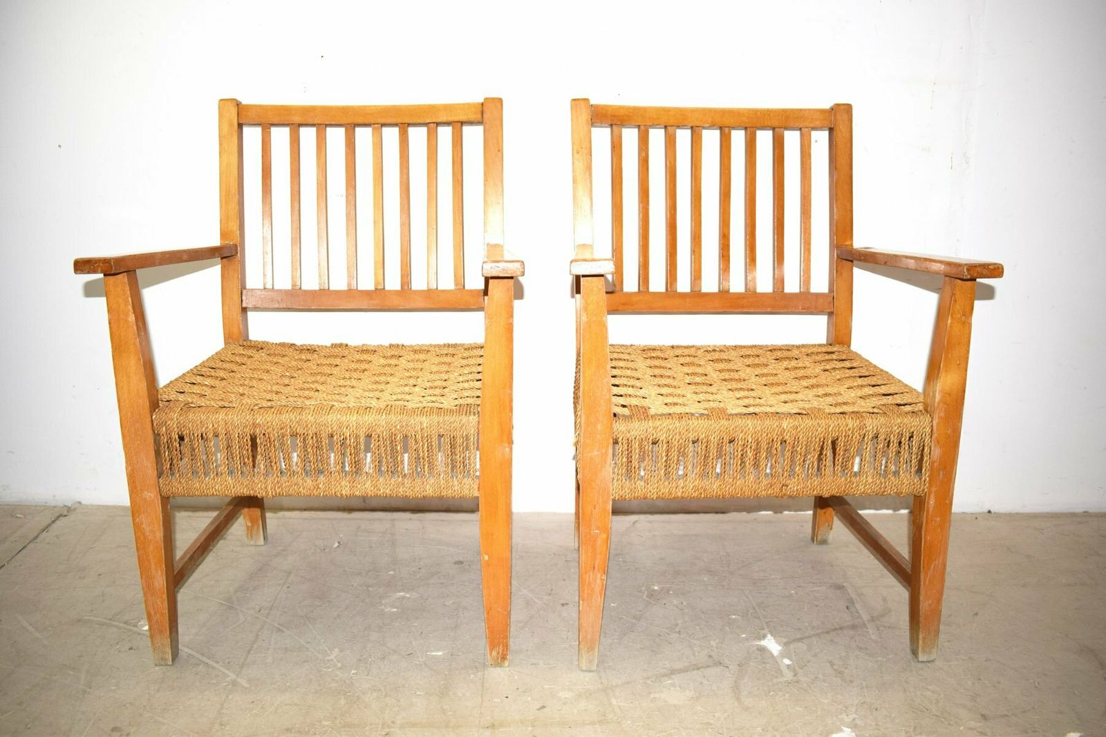 Italian Wood & Cord Lounge Chairs, 1940s, Set Of 2 photo furniture