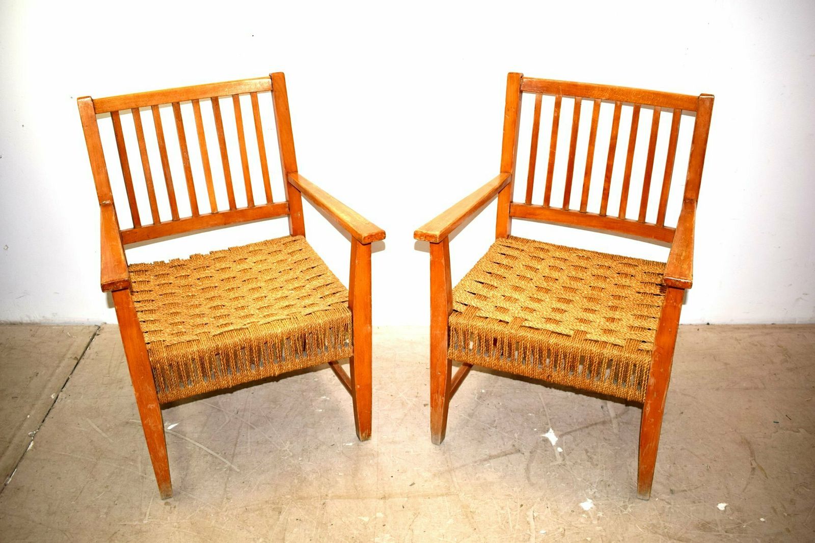 Italian Wood & Cord Lounge Chairs, 1940s, Set Of 2 photo for sale