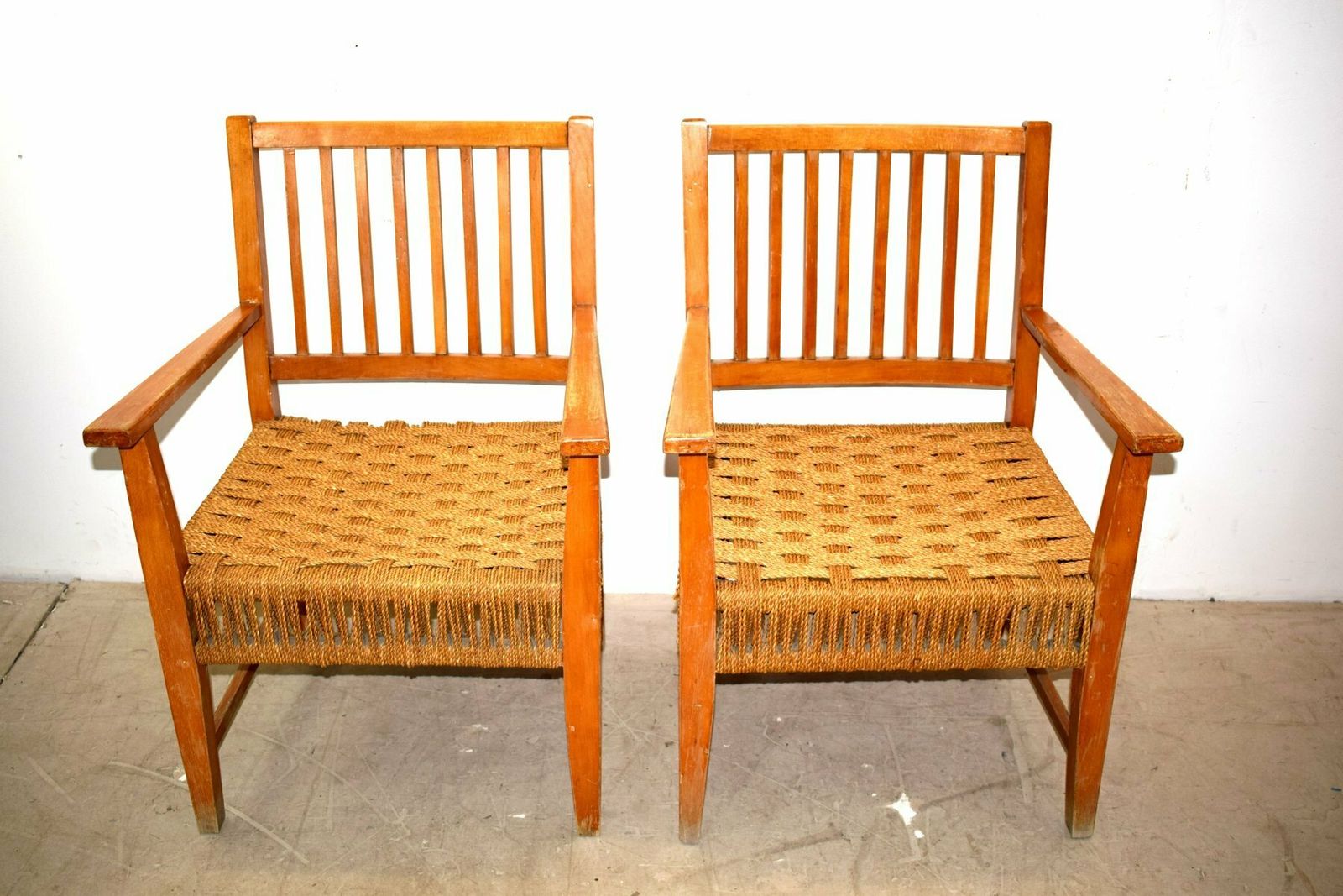 Italian Wood & Cord Lounge Chairs, 1940s, Set Of 2 photo Furniture