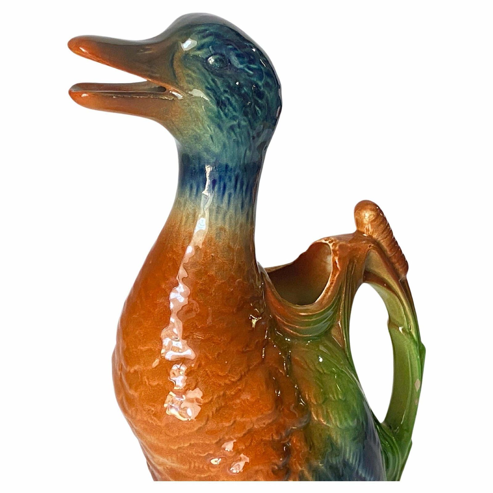 Majolica Duck Mallard Pitcher Keller And Guerin Saint Clement, Circa 1900 France photo for sale