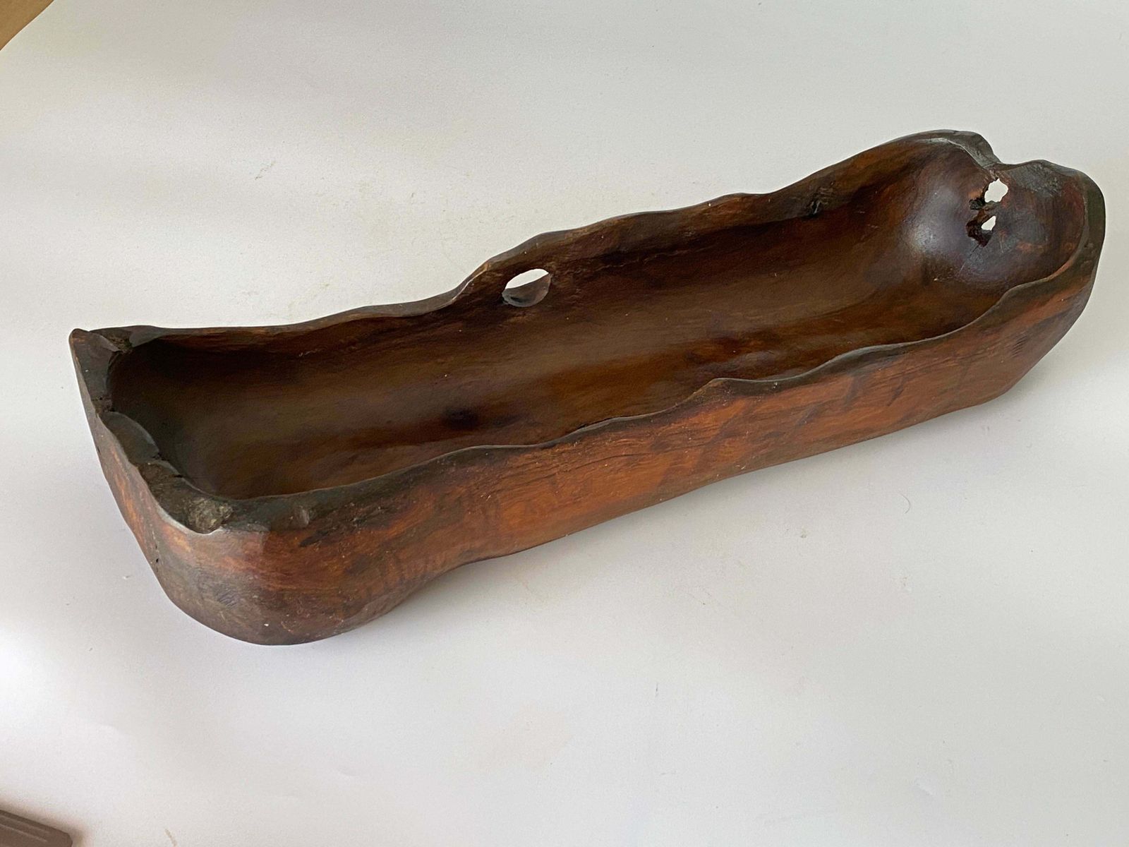 Large Brutalist Wood Bowl Large Vide Poche In A Brown Patina, France, Circa 1960 photo vintage