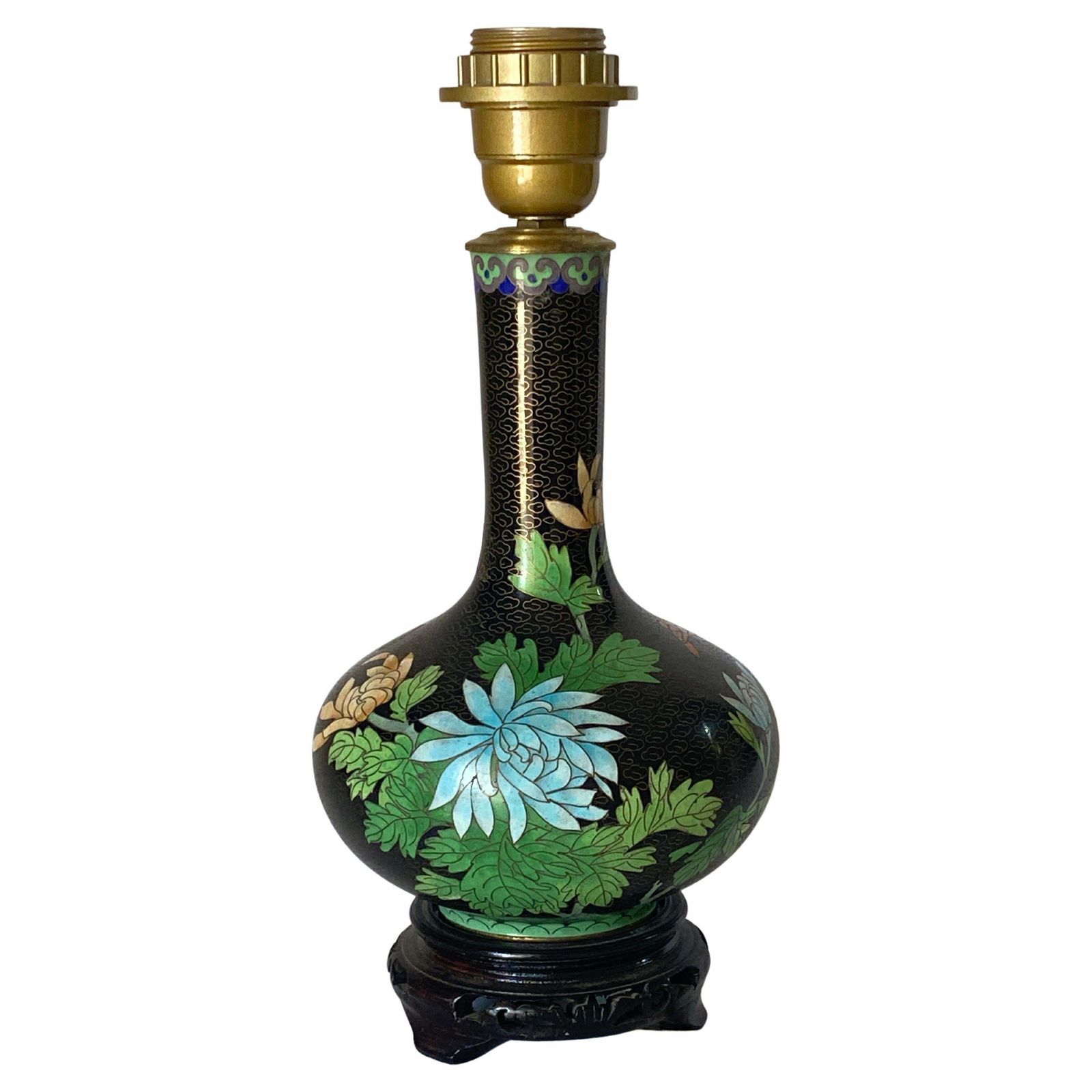 Antique Chinese Black Cloisonné Table Lamp With Floral Motif China Circa 1890