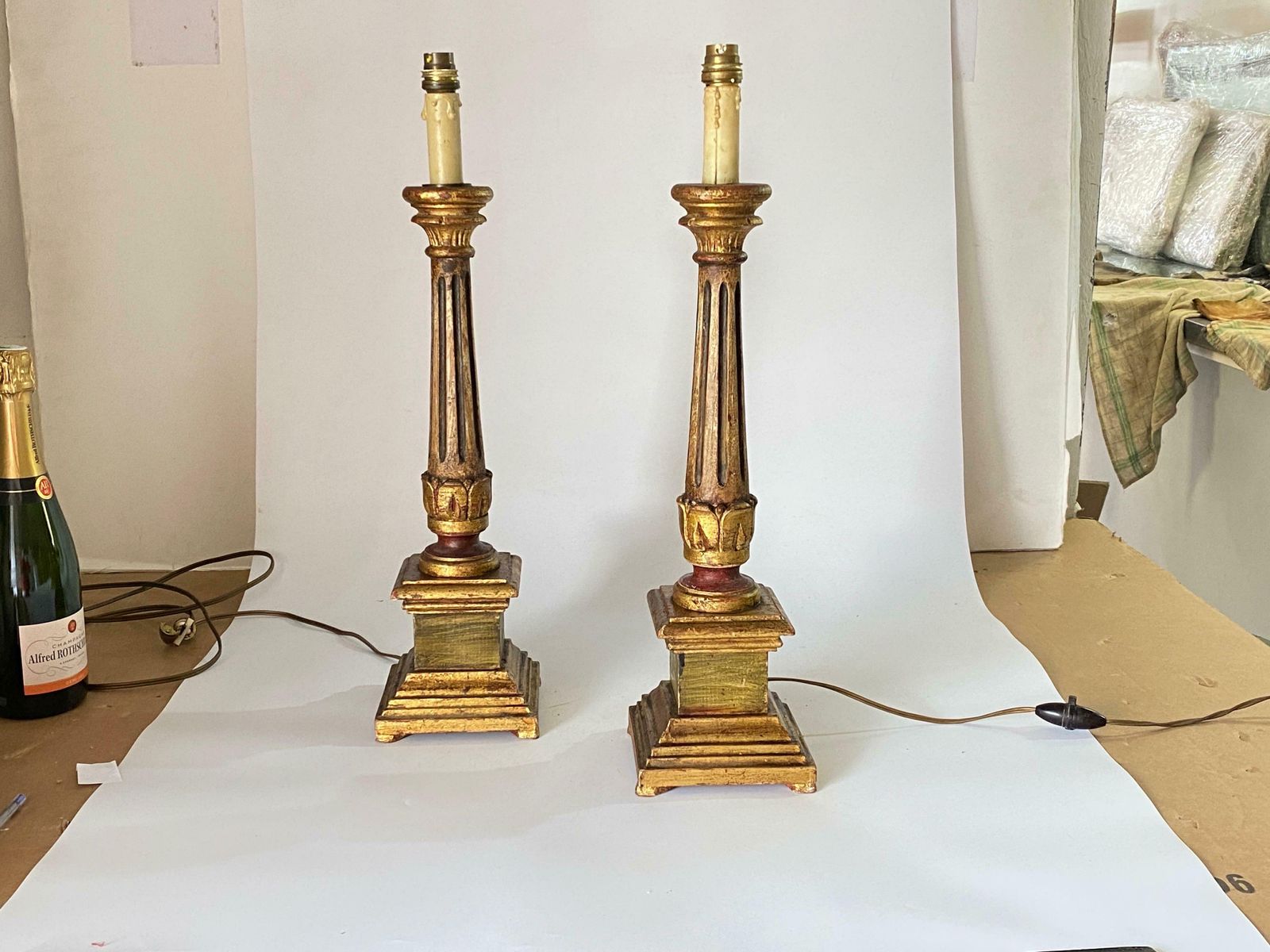 photo for sale Italian Pair Of Gilt Wood Table Lamps,Italy Early 20th Century