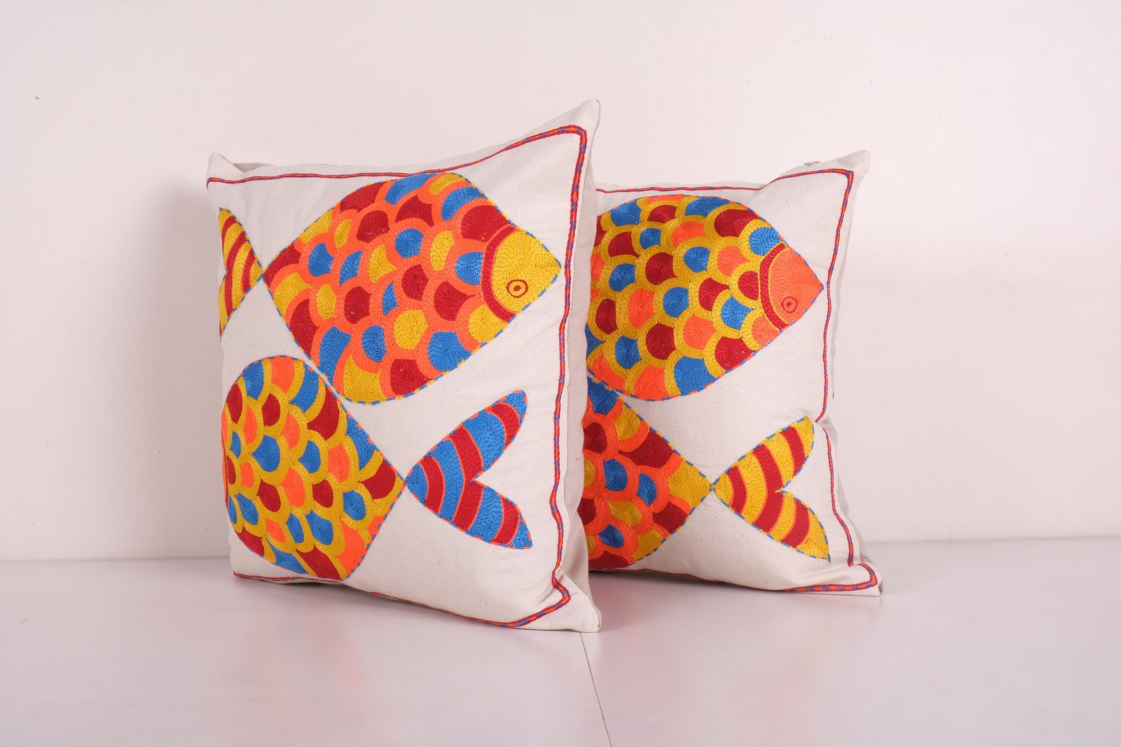 Bohemian Fish Figured Cotton Pillowcase, Set Of Two Ethnic Animal Pattern Designer Cushion   Hand Embroidered Pillow Cover 18'' X 18'' photo furniture