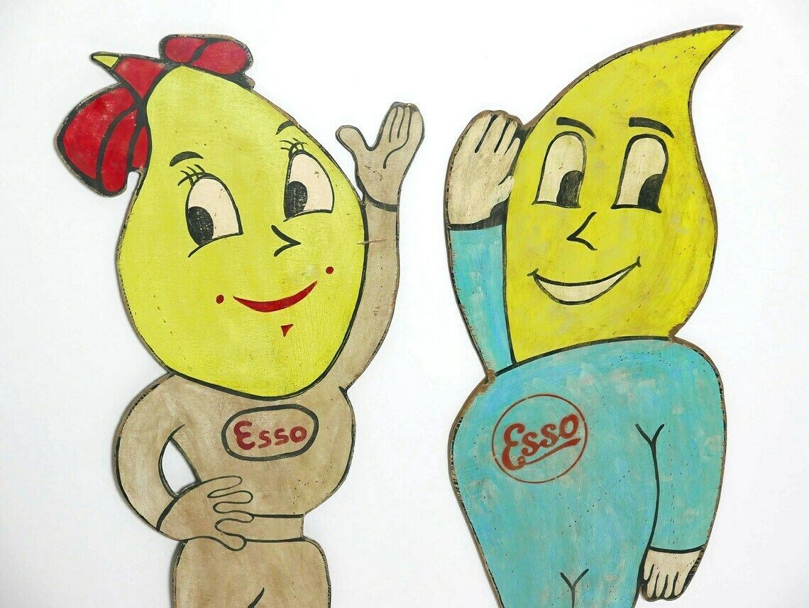 Vintage Pair Of Large Wooden Hand Painted Esso Characters, 1960s photo Art