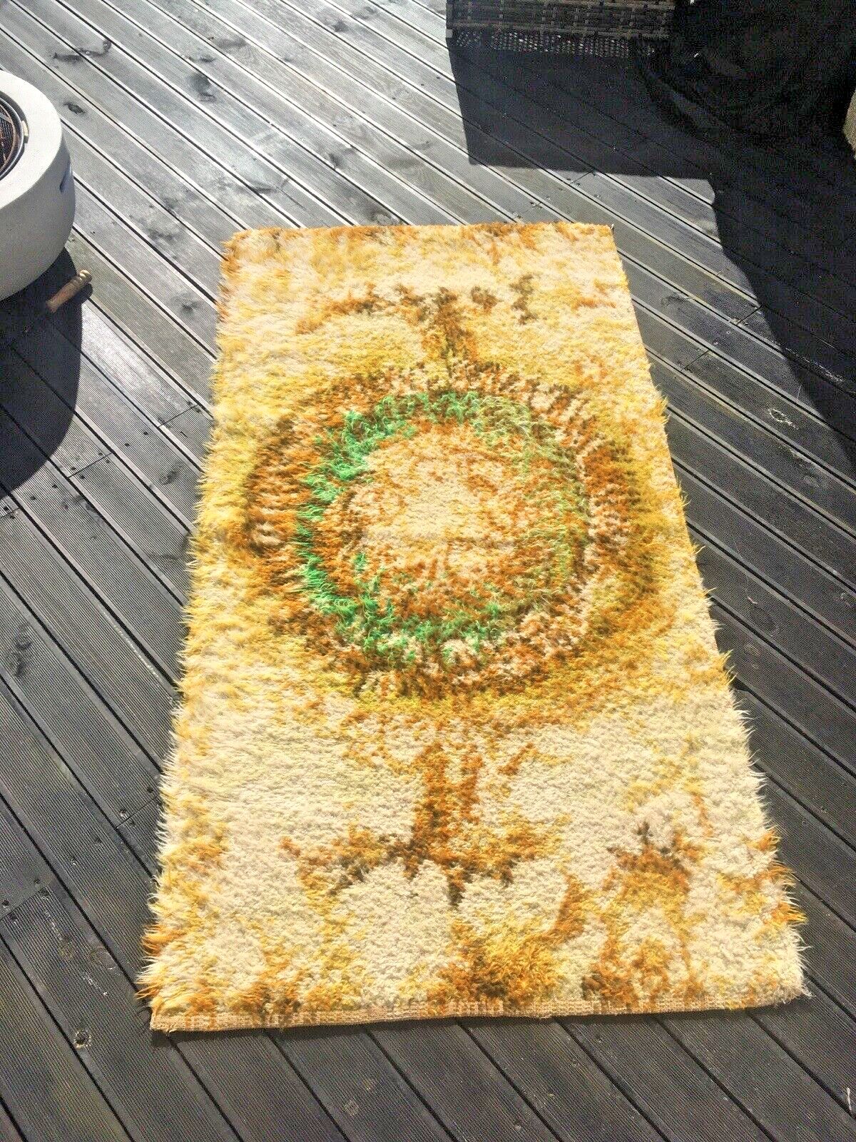 Mid Century Scandi 60's Psychadelic Shag Wool Rug Wall Hanging Rya Vintage Retro photo furniture