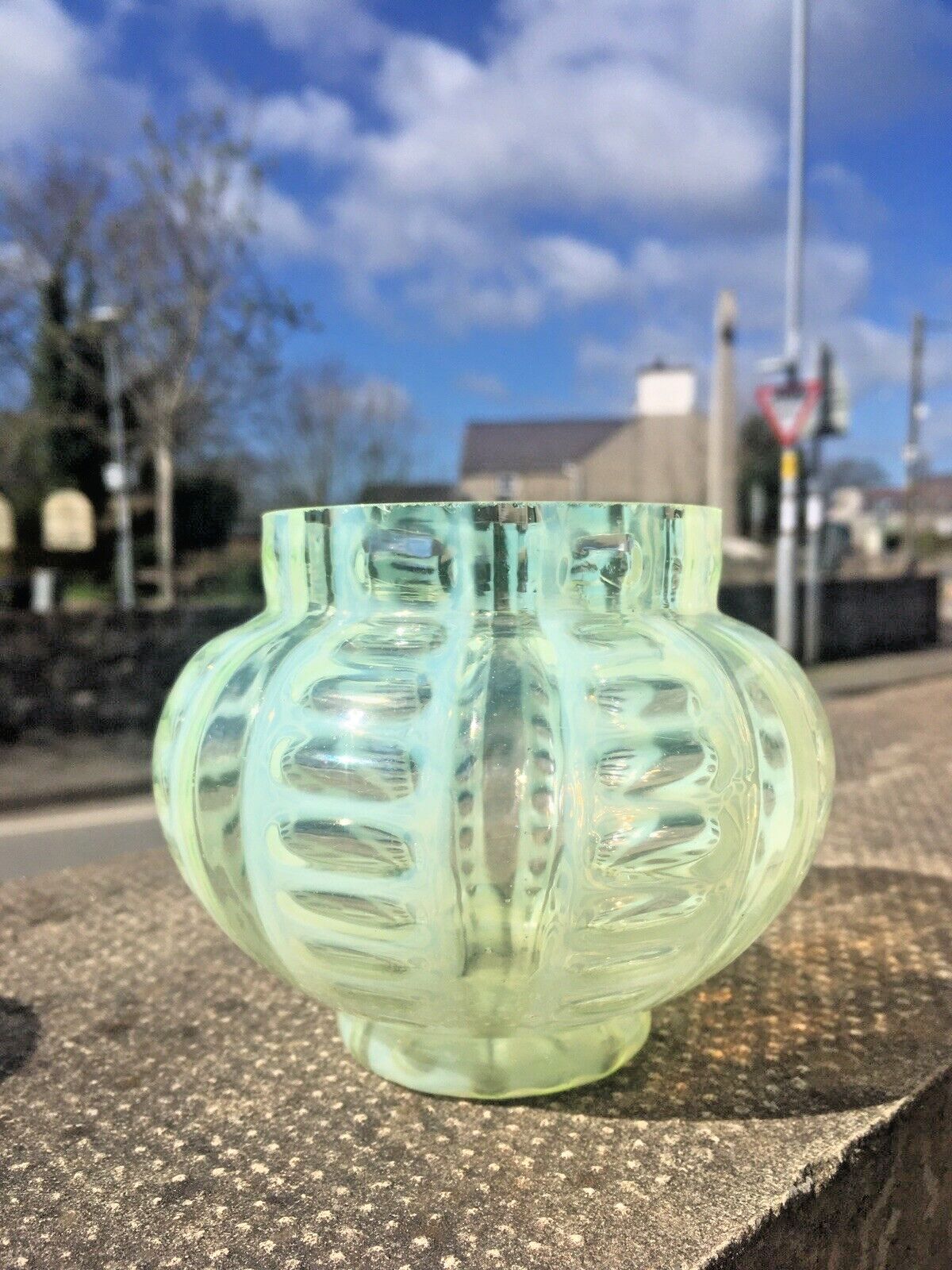 Antique Vaseline Glass Opalescent Uranium Posy Flower Frog Vase Sugar Bowl ? photo furniture