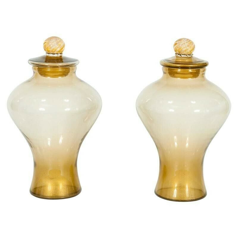 Pair Of Italian Vases In Transparent Murano Glass And 24 Karat Gold