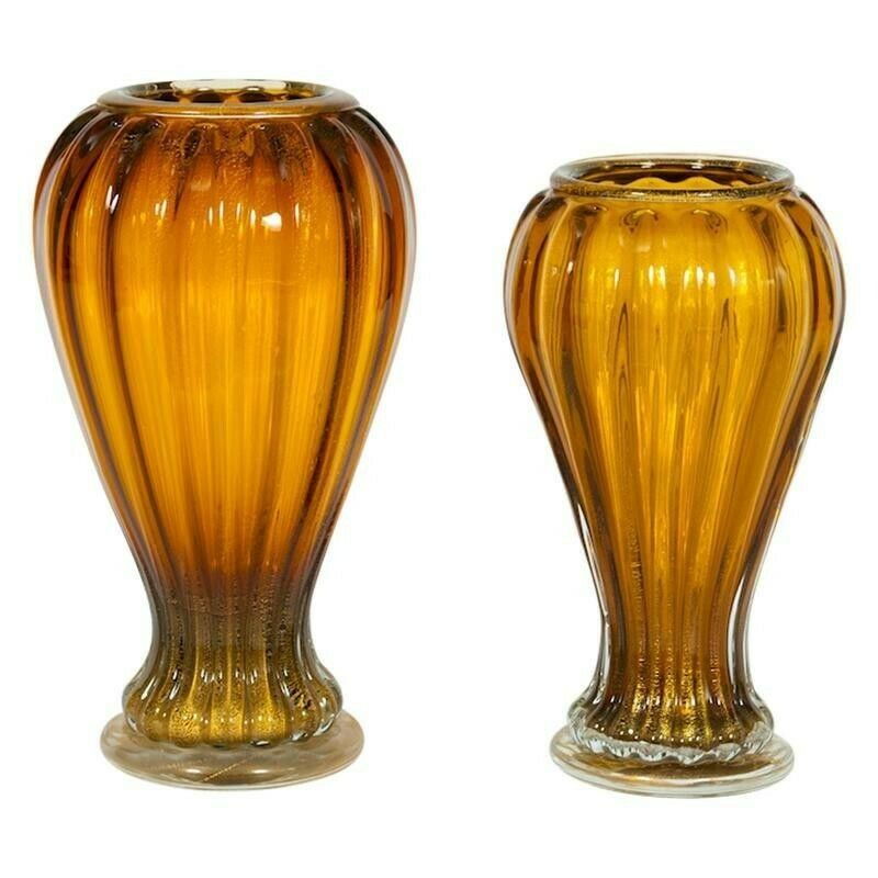 Pair Of Italian Vases In Murano Glass Amber And Gold 1990s