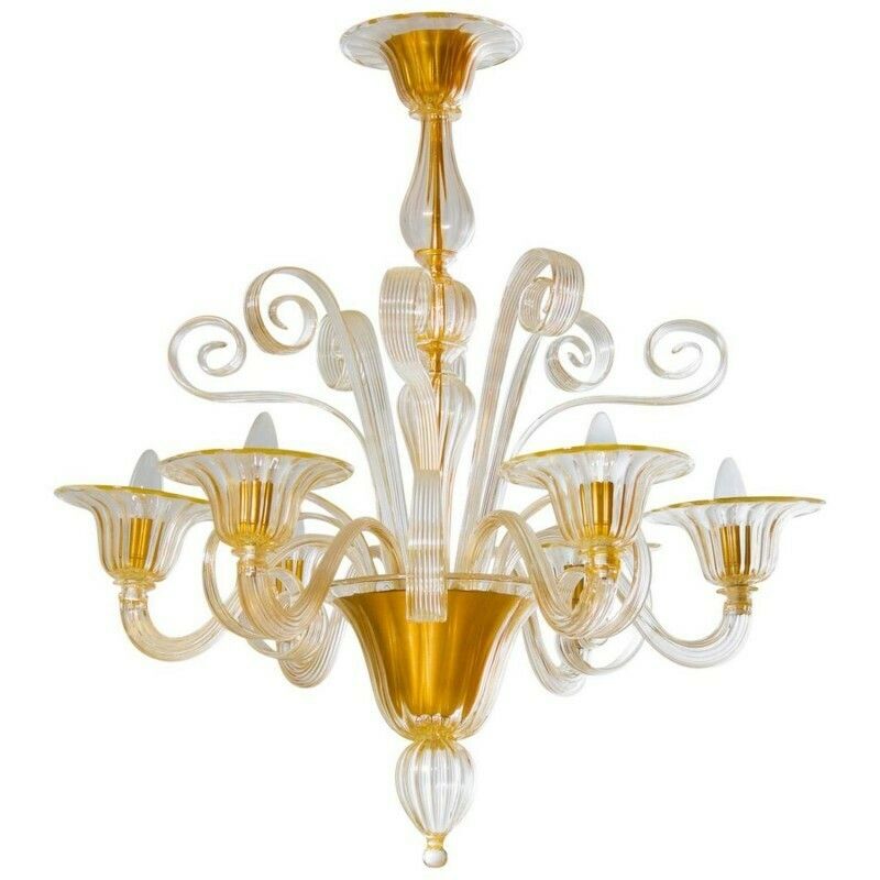 Italian Venetian Chandelier In Blown Murano Glass, Gold Pastorals, 1990s