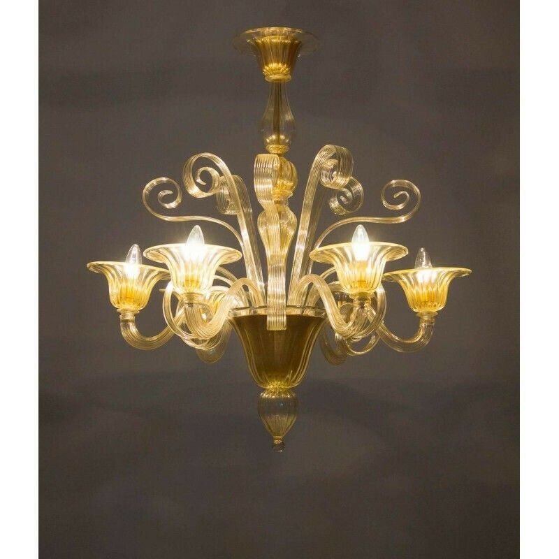 photo for sale Italian Venetian Chandelier In Blown Murano Glass, Gold Pastorals, 1990s