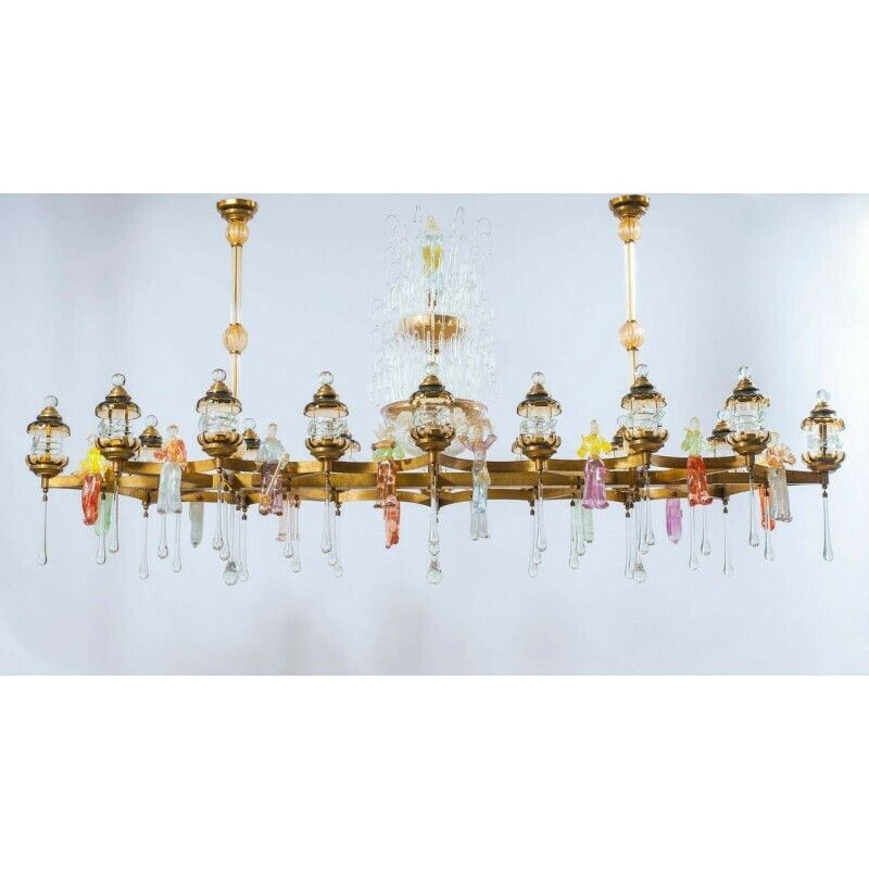 Flush Mount Blown Murano Glass Colorful Statues And Brass 1950s Italy * photo furniture