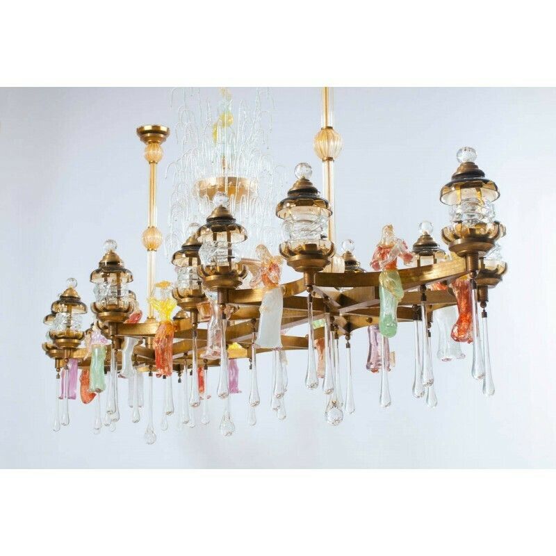 Flush Mount Blown Murano Glass Colorful Statues And Brass 1950s Italy * photo Lighting