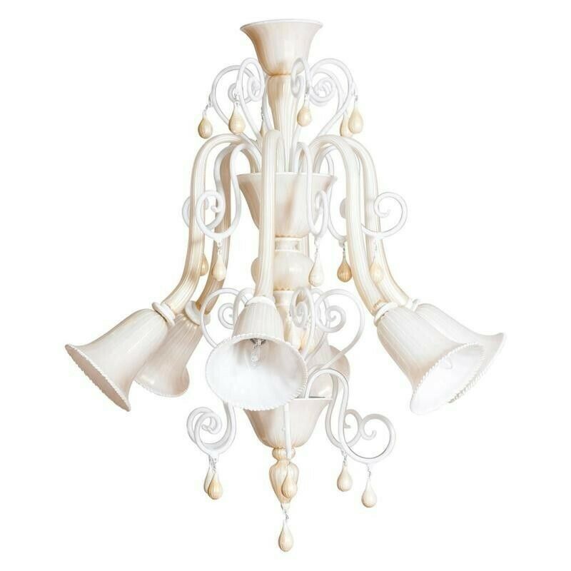 Italian Venetian, Chandelier Blown Murano Glass, Ivory & Gold 24k, Seguso, 1990s