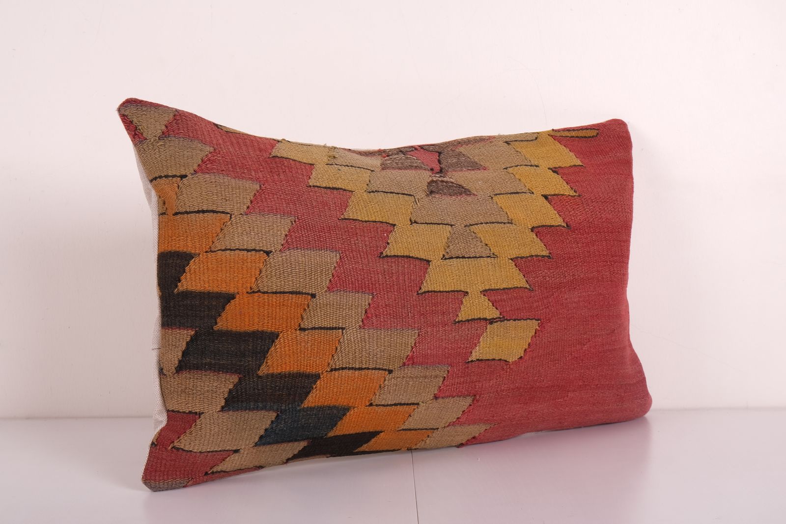 Turkish Geometrical Kilim Lumbar Pillow Cover, Handwoven Kilim Lumbar, Ethnic Pillow, Bohemian Carpet Pillow, Boho Pillow 16'' X 24'' photo Textiles