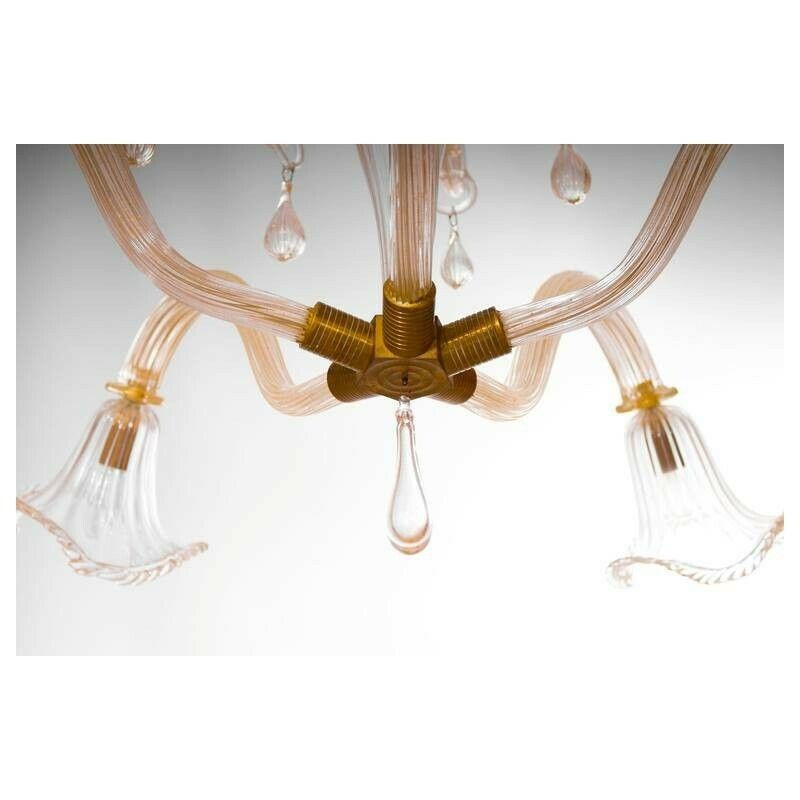 Italian Chandelier In Gold And Blown Murano Glass, Big Bells And Pendants 1970s photo for sale