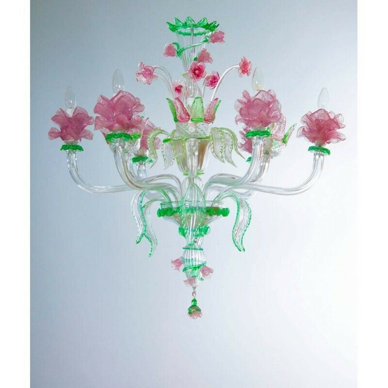 Handcrafted Italian "Flower" Murano Glass Chandelier Green And Pink 1990s photo for sale