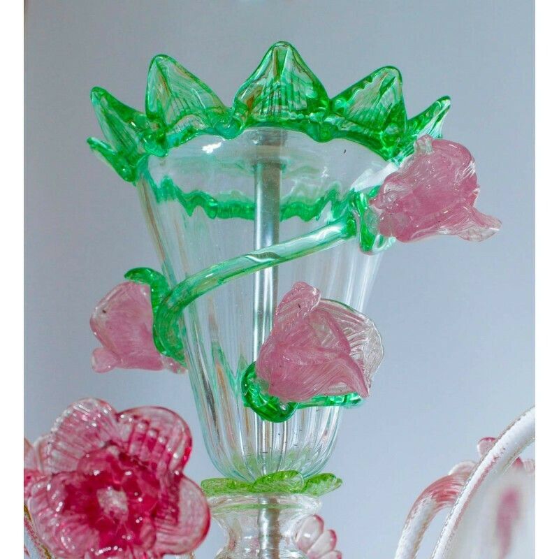 Handcrafted Italian "Flower" Murano Glass Chandelier Green And Pink 1990s photo Lighting