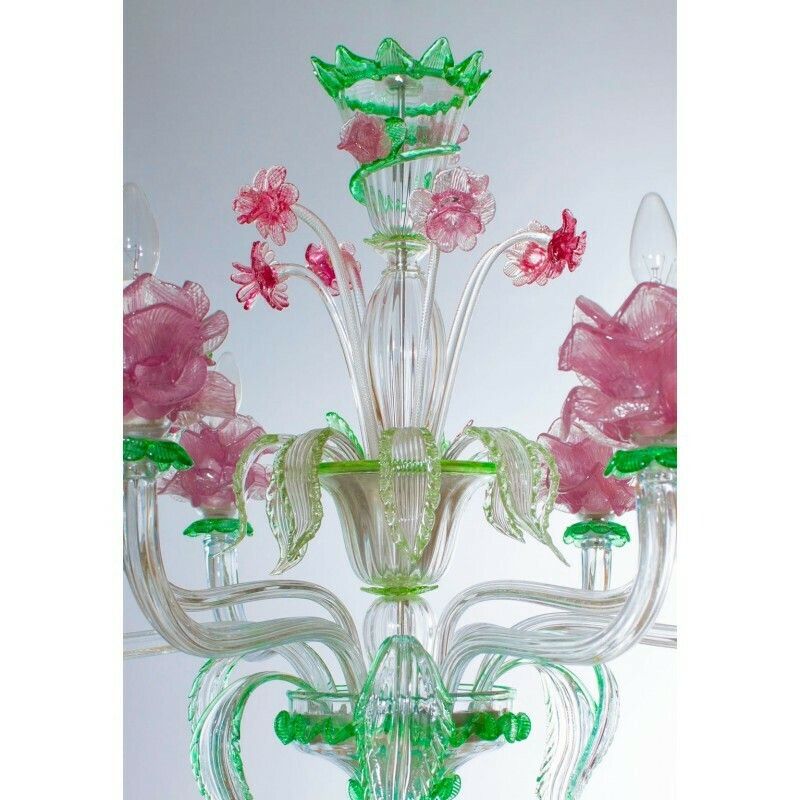 Handcrafted Italian "Flower" Murano Glass Chandelier Green And Pink 1990s photo 7960.0