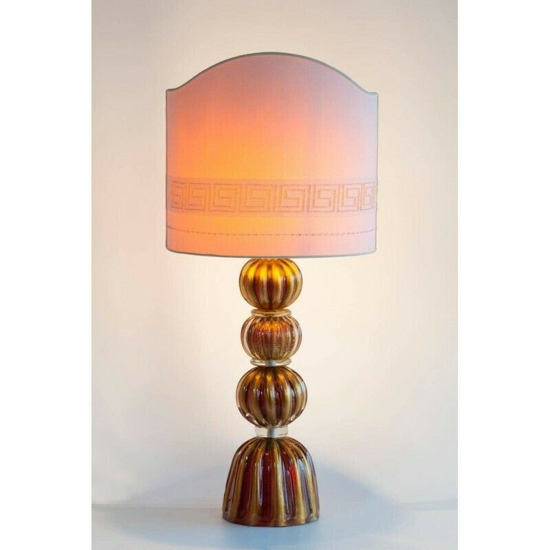 Luxury, Italian Venetian, Table Lamp, Blown Murano Glass, Red And Gold 24 Karat