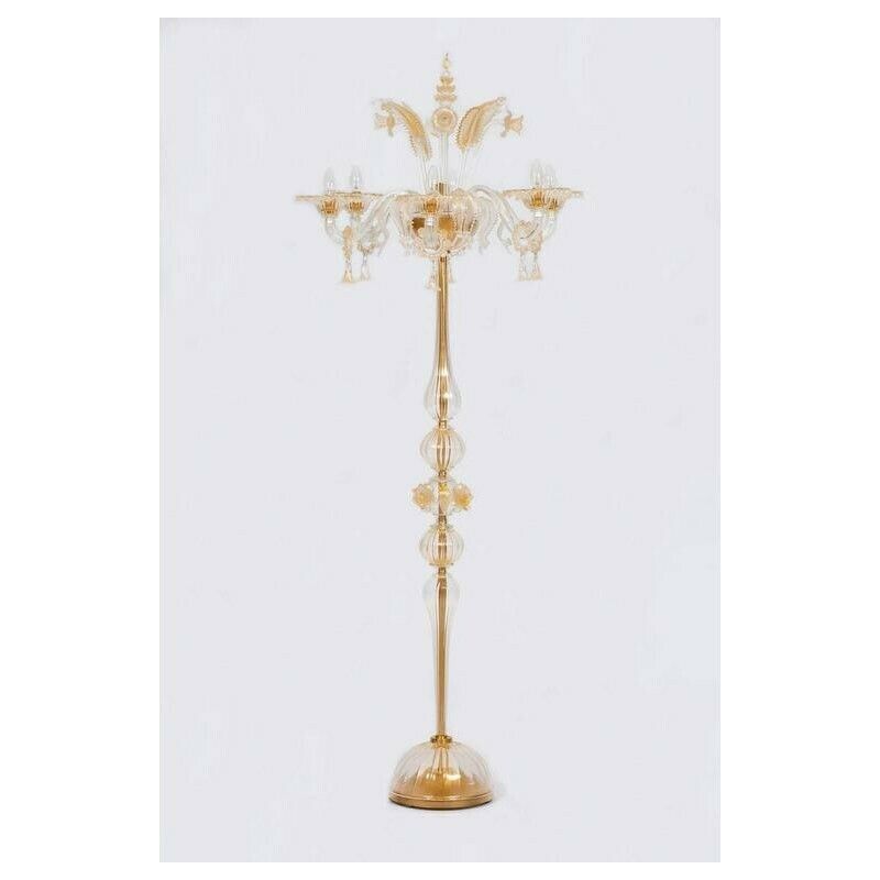 photo for sale Gold Floor Lamp In Blown Murano Glass Flowers And Leaves 1990s Italy