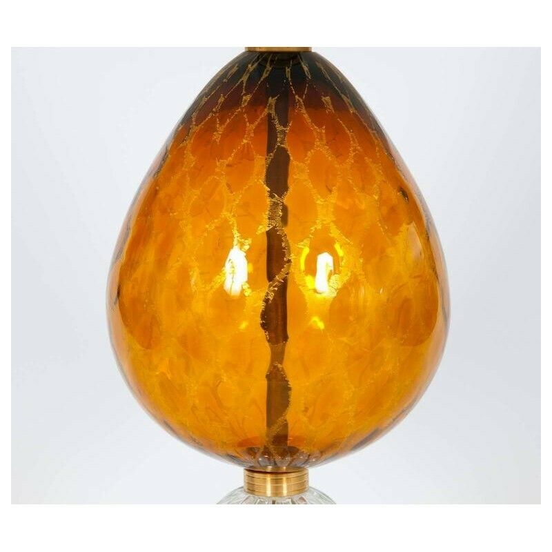 Italian Venetian, Pair Table Lamps, Blown Murano Glass, Amber & Dark, 1970s photo vinterior