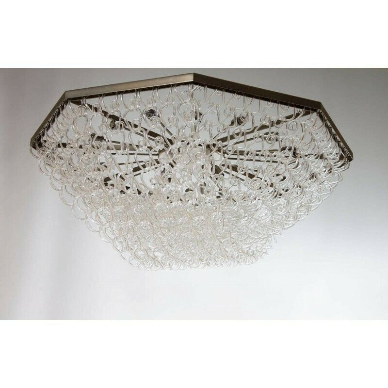 Flushmount In Blown Murano Glass Chain Elements In Clear Color 1980s photo for sale