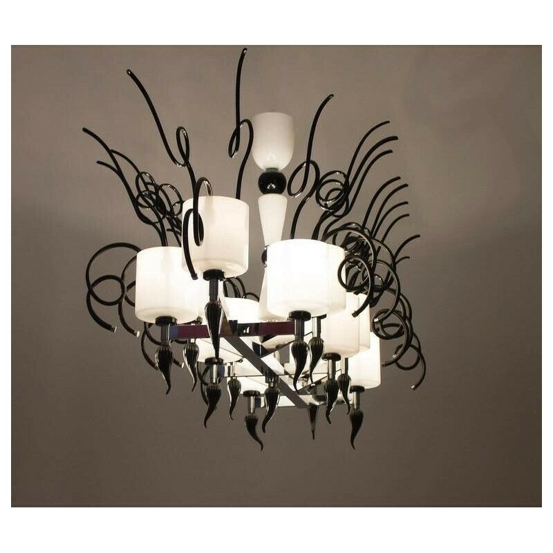 Curly Chandelier Black And White In Blown Murano Glass Contemporary Italy photo for sale