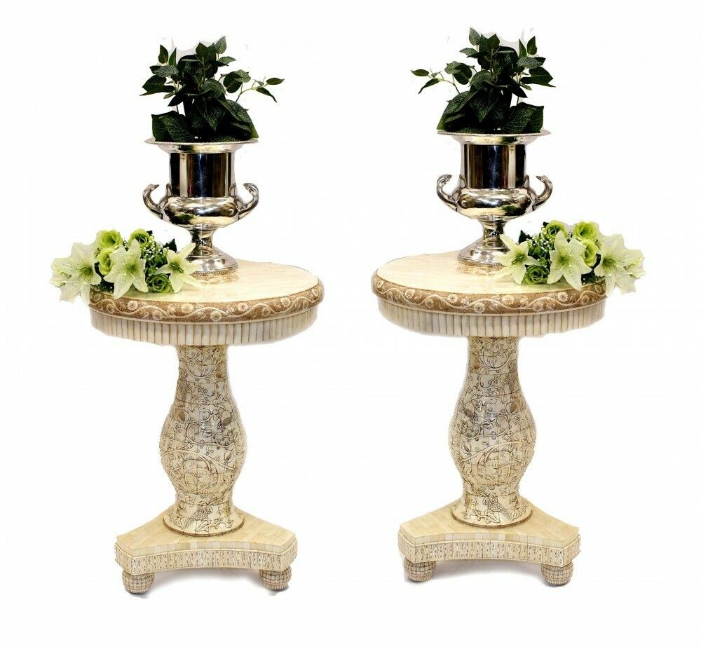 Pair Chinese Side Tables   Occasional Bone Carved Furniture